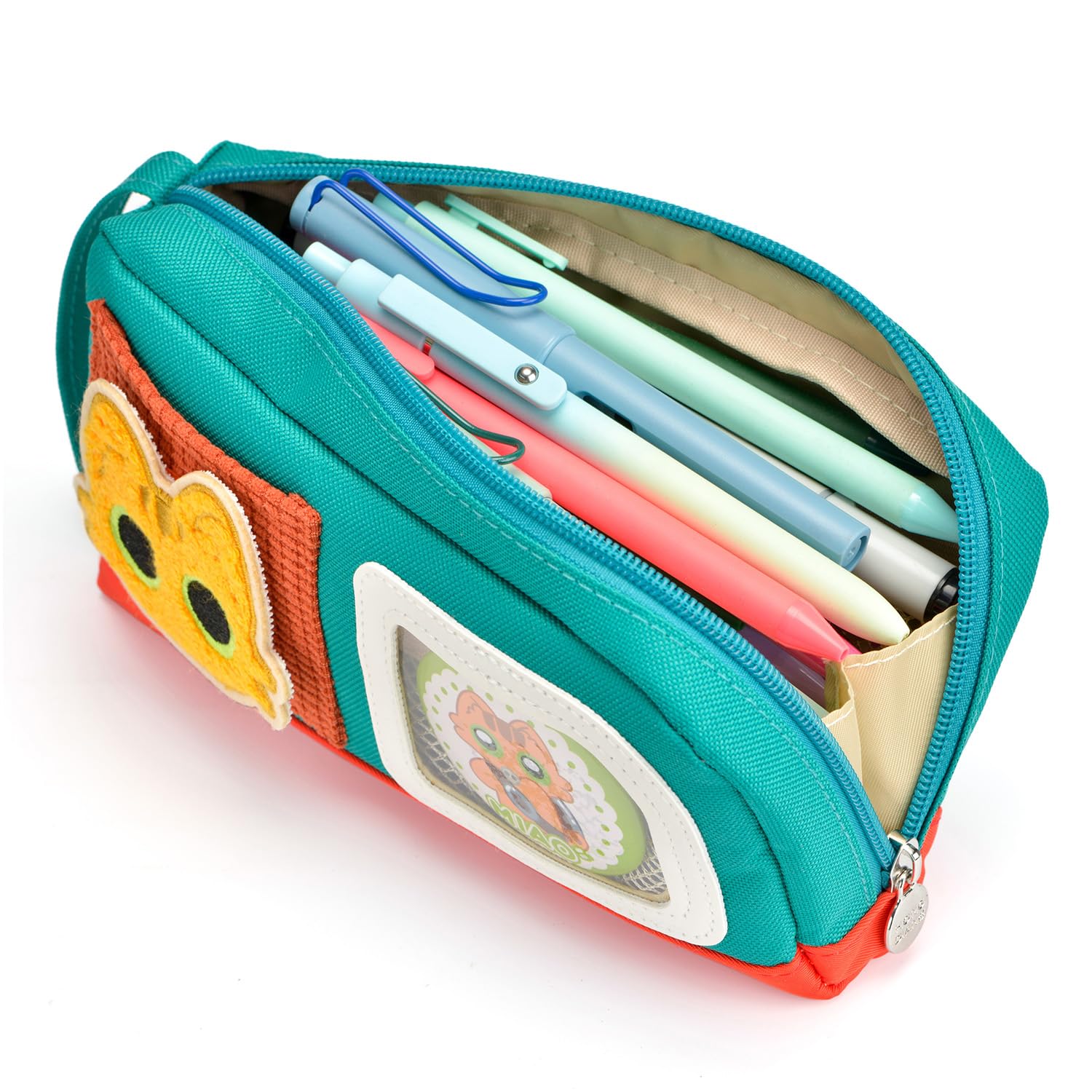 Cute Cat Pencil Case Large Capacity Pencil Case for Teens Girls Boys with Magic Sticker and Decorative Badges Green - Image 3
