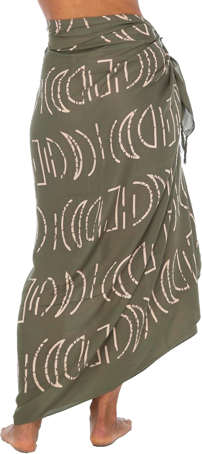 Back From Bali Womens Print Sarong Coverup Swimsuit Pareo with Boho Fringe & Coconut Clip - Wrap Skirt or Beach Shawl - Image 2