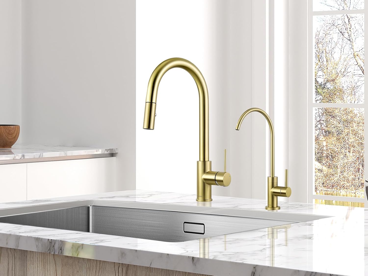 AguaStella AS60CB Champagne Gold Pull Down Kitchen Faucet and AS09CB Champagne Gold Stainless Steel Water Filter Faucet for Most Reverse Osmosis Units or Water Filtration System Combination