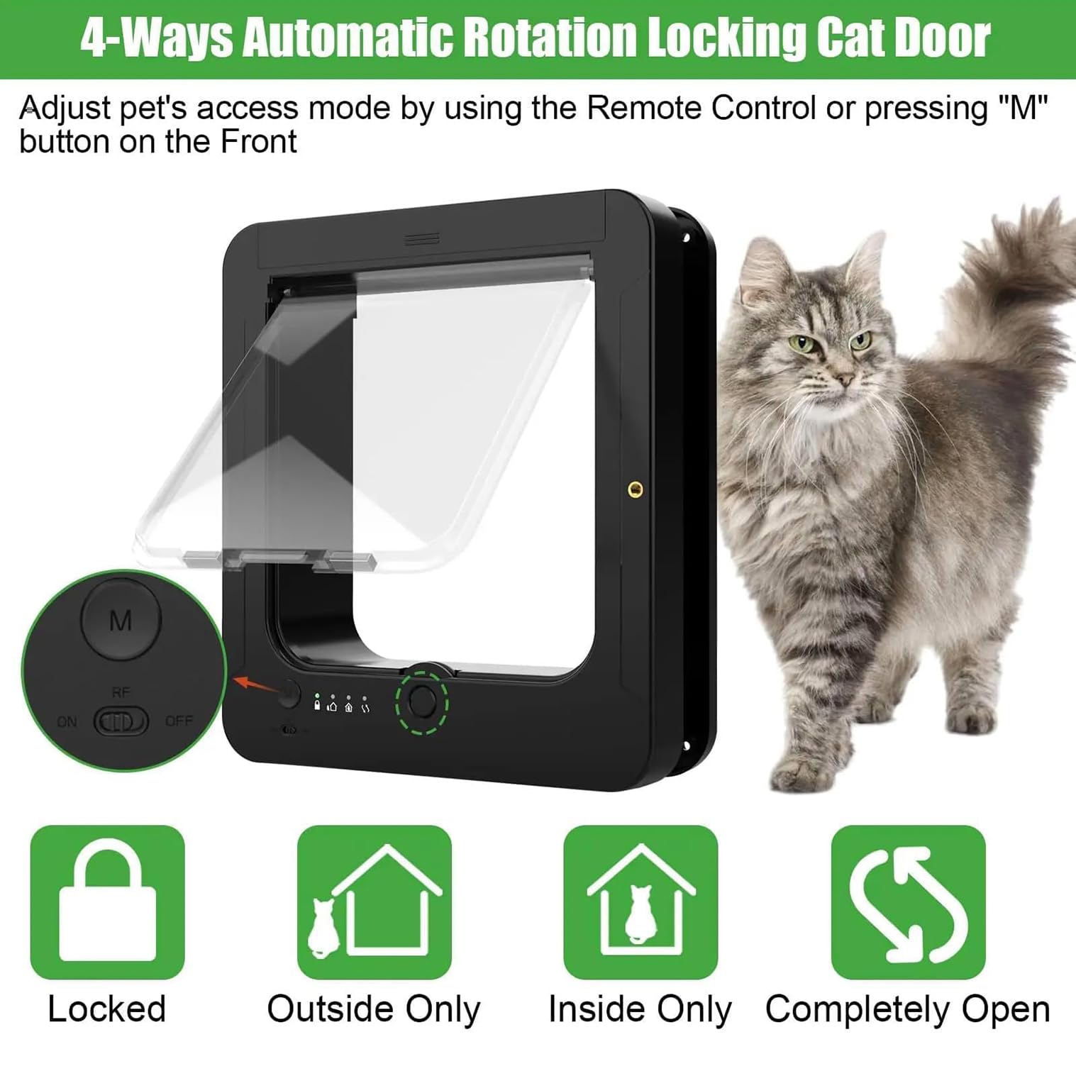 Puerta Inteligente para Mascotas con Microchip para Gatos Y Perros Pequeños | （tamaño exterior 11,5" x 10") desbloqueo automático con 2 llaves de collar remotas cierre de 4 vías puerta para gatos(black)