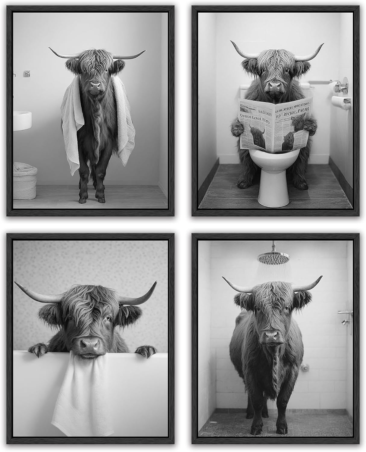 (Unframed) Funny Highland Cow Bathroom Wall Art Framed Black and White Rustic Cute Bathroom Canvas Prints for Bathroom Restroom Decor 8x10in Highland cow,