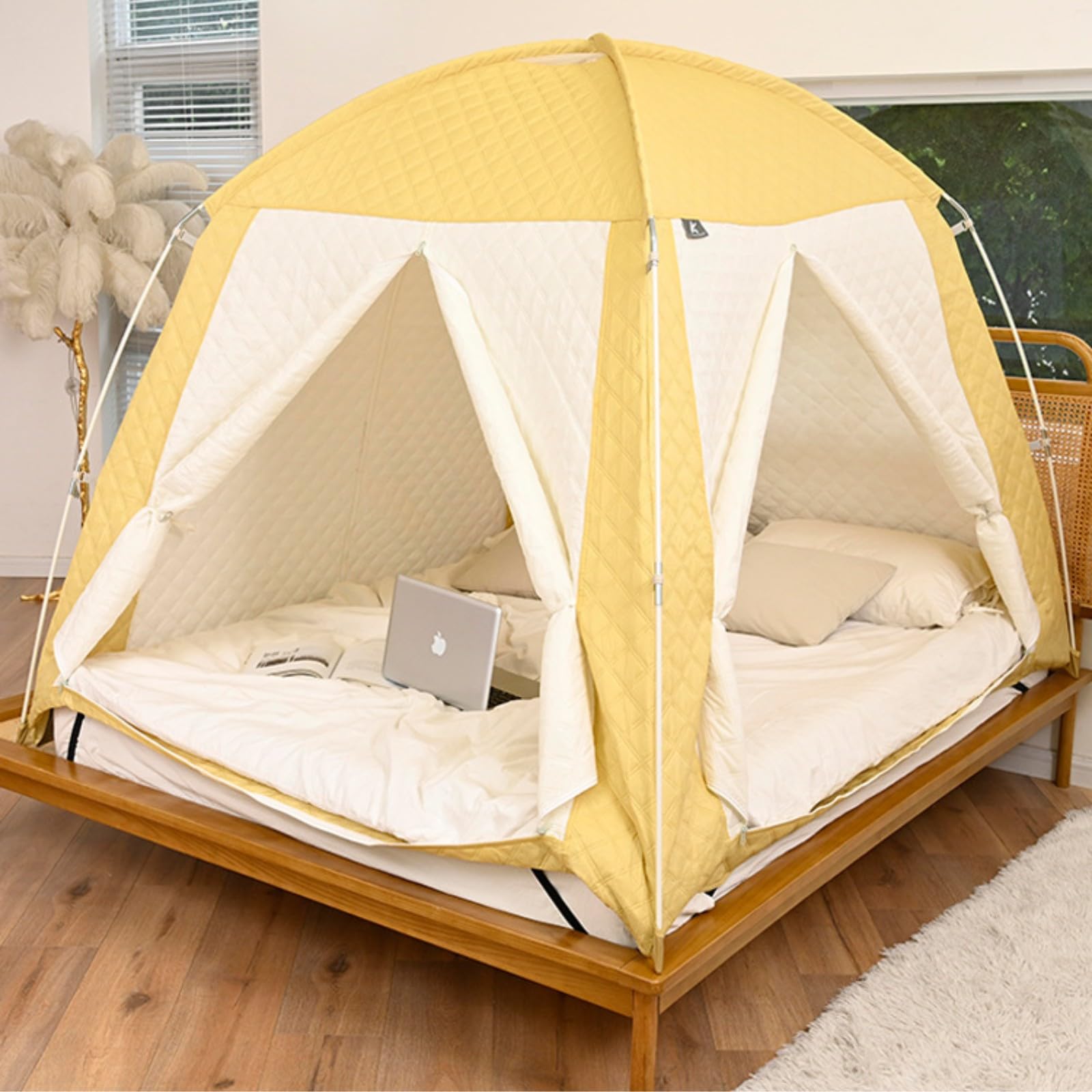 Zelt für Bett, Doppelbett, Indoor-Haushaltsbettzelt, Winterzelt, verdicktes Baumwollzelt, warm, winddicht und kältefest, drei Türen offen, sowohl Bett als auch Boden können verwendet werden (gelb, 200 Küche, Haushalt & Wohnen