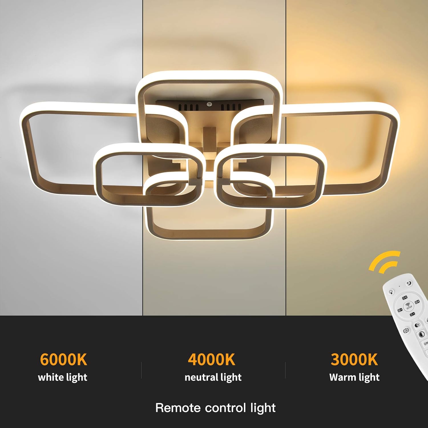 Super Brands LED Ceiling Light Modern Chandelier Flush Ceiling Light Close to Ceiling Light Fixtures for Living Room,Bedroom,Dining Room,Dimmable Remote Control,3 Color (6-Heads Brown)