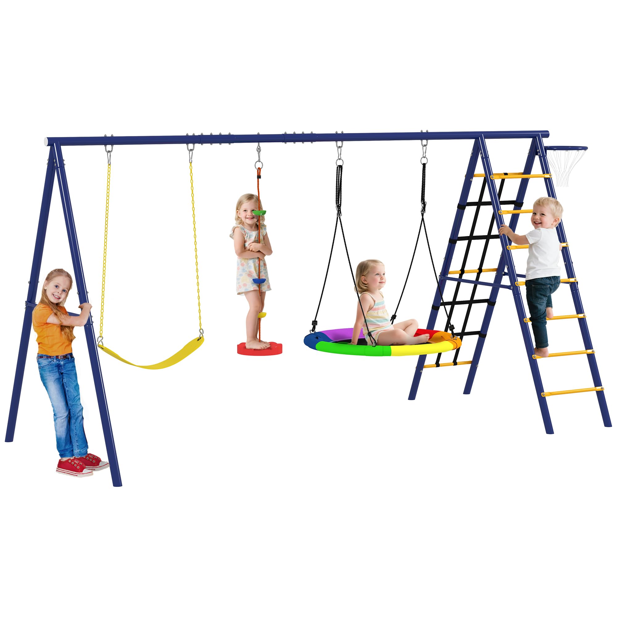 AIYAPLAY Columpios para Niños de +3 Años 6 en 1 Columpios Jardín Exterior con Columpio Nido Cuerda con Disco Red para Escalar Escalera y Aro de Baloncesto Multicolor