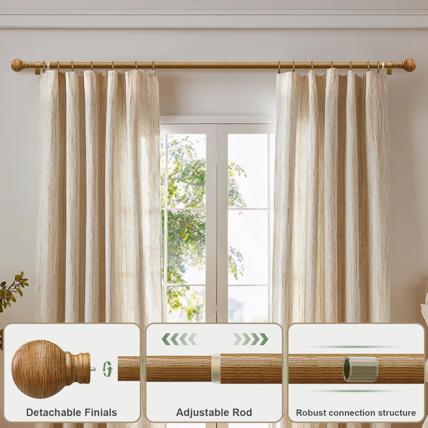 Boho Wood Curtain Rods for Windows 48 to 84 inch 1" Diameter Adjustable Heavy Duty Window Curtain Rod with Decorative Wooden Grain Finials Drapery Rods for Living Room Bedroom Kitchen Farmhouse
