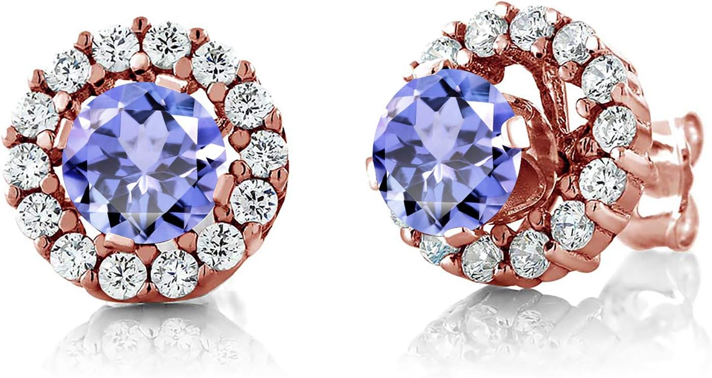 Gem Stone King 18K Rose Gold Plated Silver 5MM Round Gemstone Birthstone Halo Stud Earrings For Women with Removable Jackets