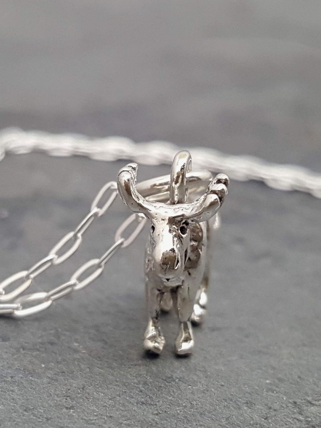 EnCharmed Sterling Silver Tiny Bull Moose or Elk 3D Charm Necklace, 18"