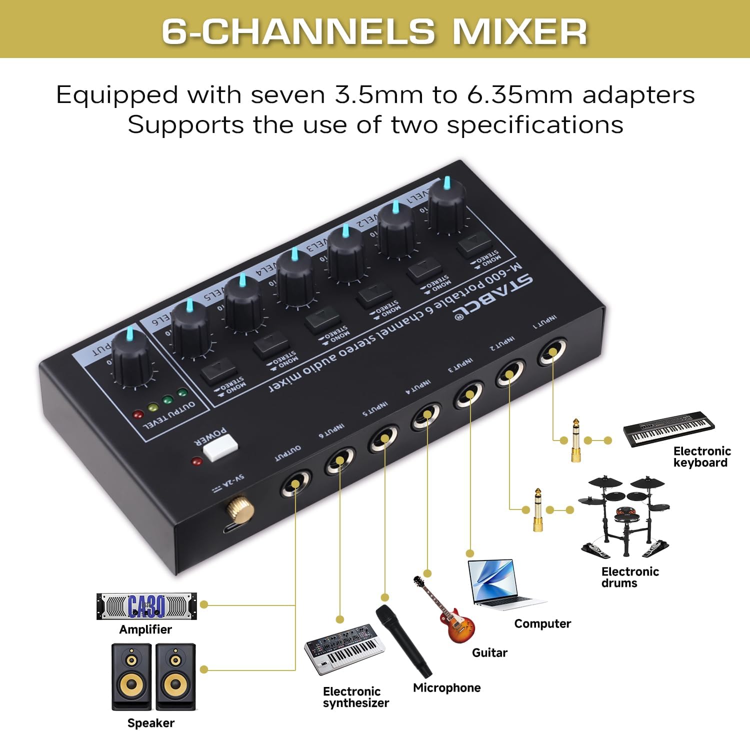 Mini 6-Channel Audio Mixer with 7 pcs 6.35mm to 3.5mm Adapter Jack, Stereo Line Mixer for Sub-Mixing, Multi-Input (Mic/Guitar/Keyboard/Bass), Powered by 5V DC
