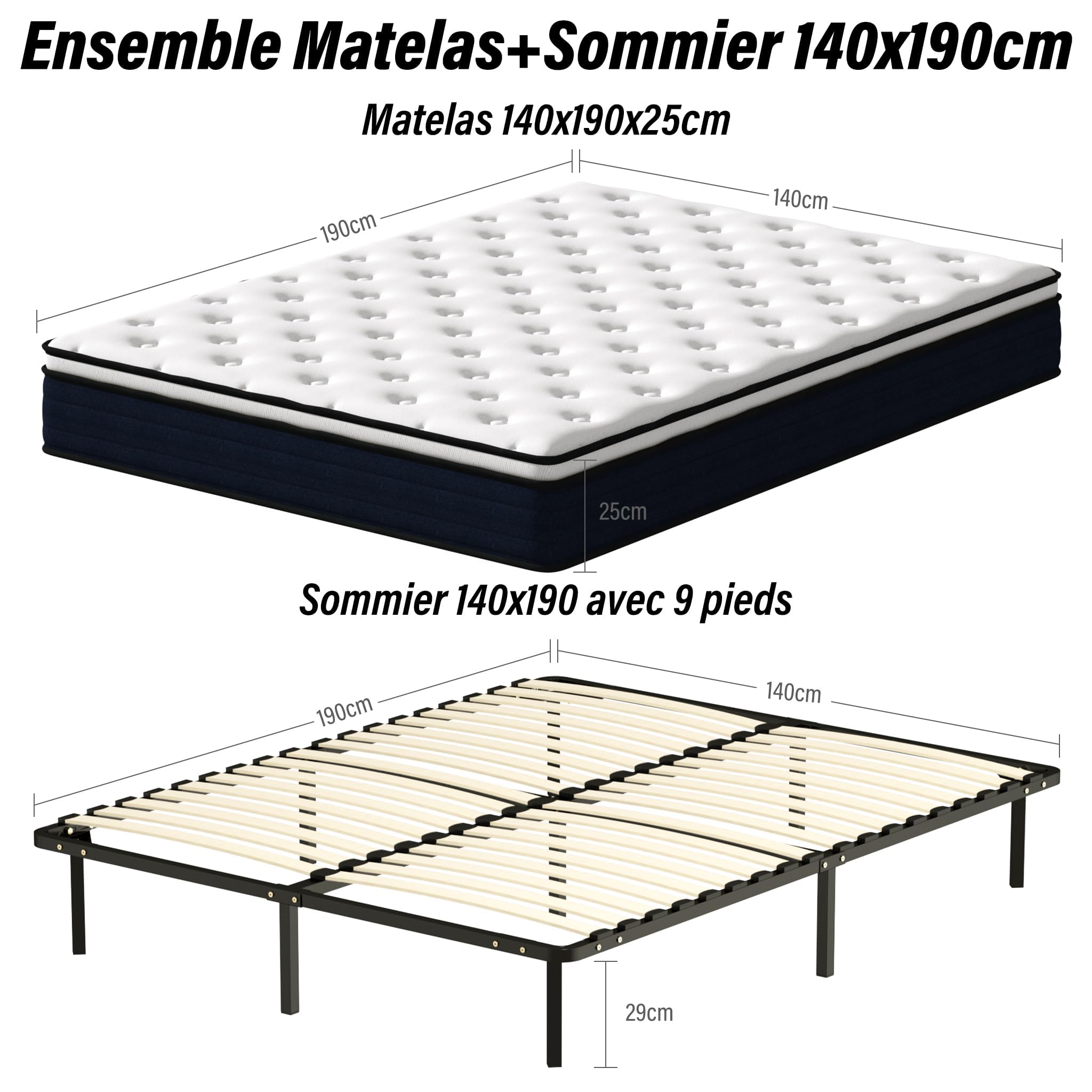 DEWINNER Matelas Ressorts Ensachés et Sommier 140x190 Ensemble | Matelas À Mémoire de Forme et Ressorts+Sommiers À Lattes avec 9 Pieds pour Adulte | 2x16 Lattes (140x190x25 cm)