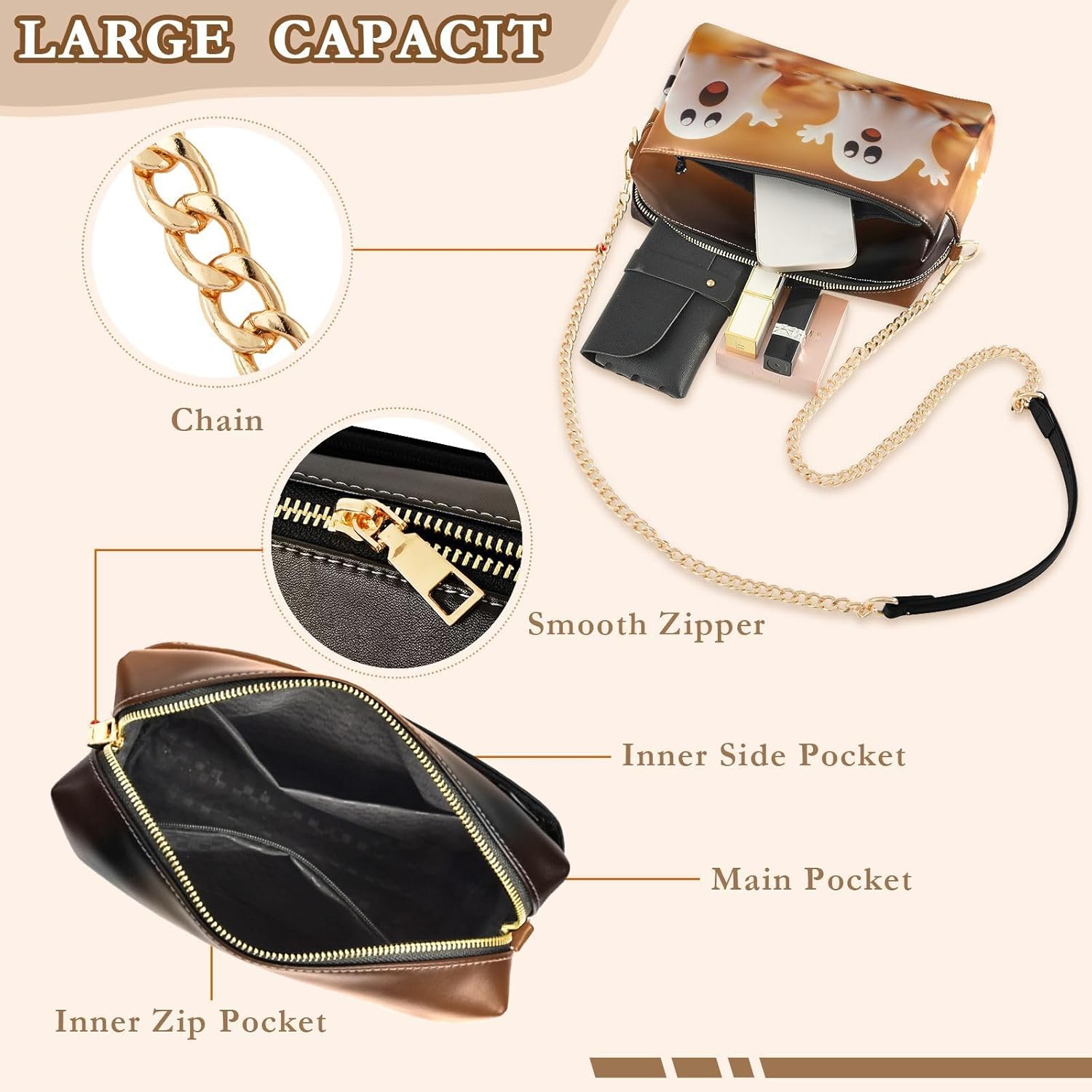 Women Crossbody Bag Shoulder Handbag Cellphone Purse PU Leather Metal Chain Strap Water Resistant Zipper Closure Cute Ghosts Print