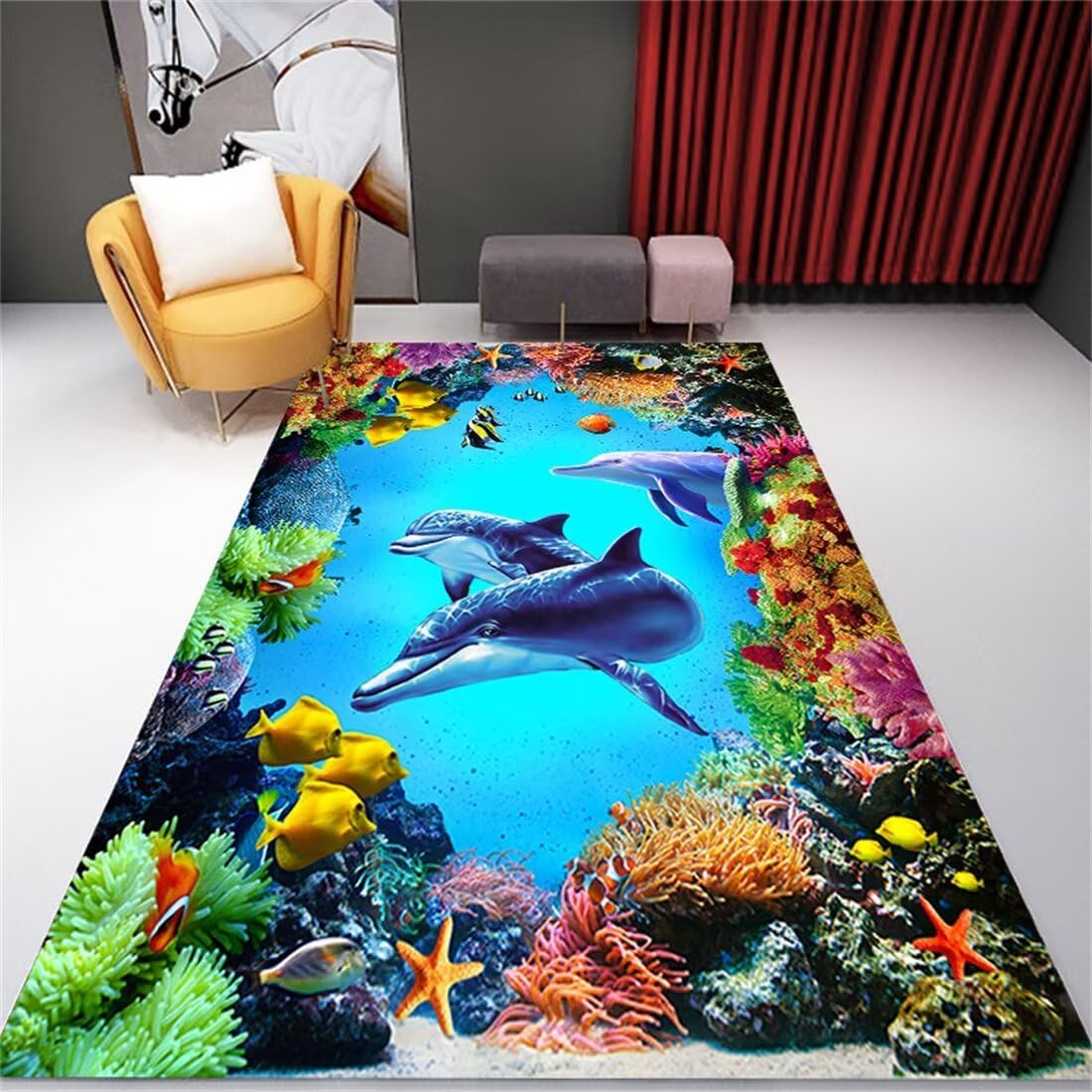 Grand tapis salon decoration monde sous-marin et tapis bleu 90X200