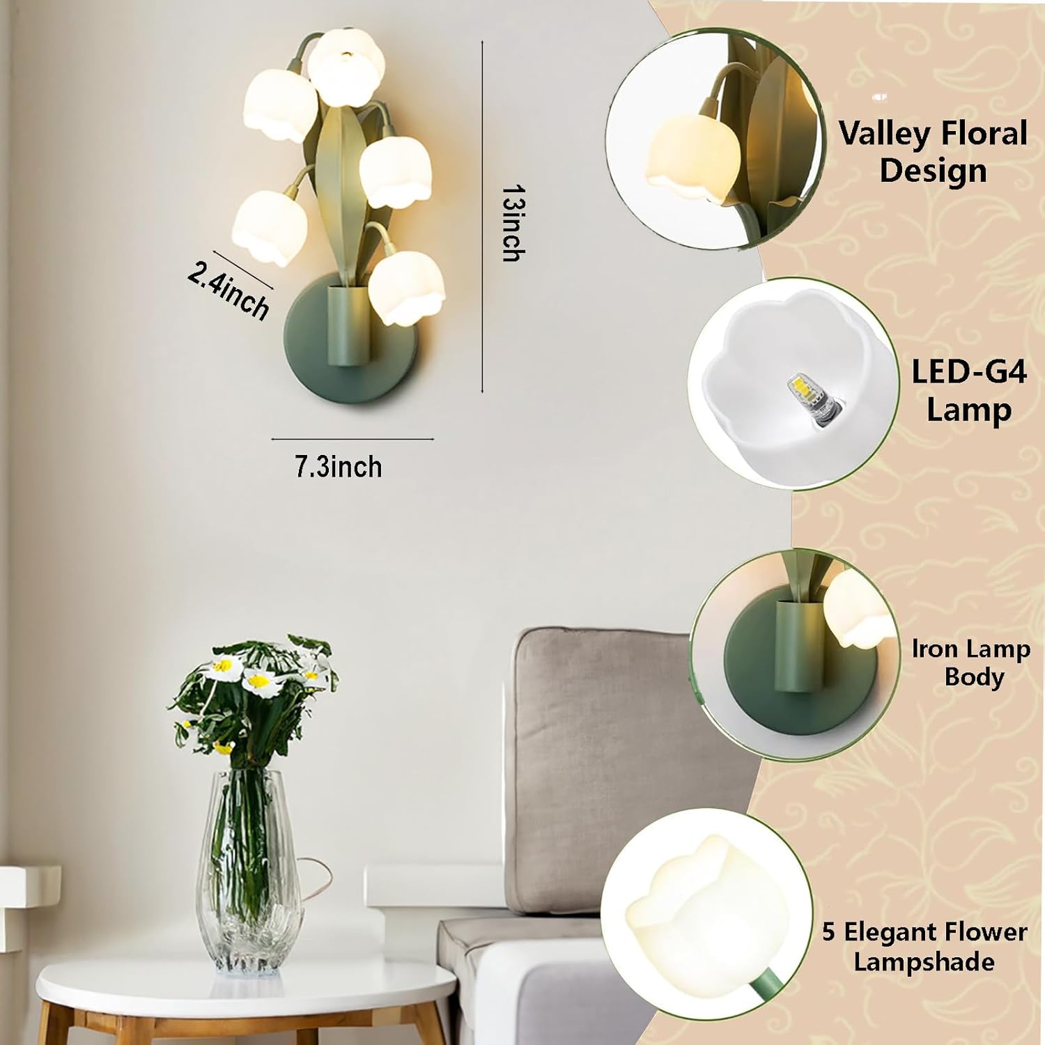 Flower Wall Sconce Light 5 Lily of The Valley Lights Flower Wall Light Fixture with 3 Color, Floral Wall Sconces Lily Bedside Wall Lamps with G4 Led Bulbs for Bedroom, Living Room (Green)