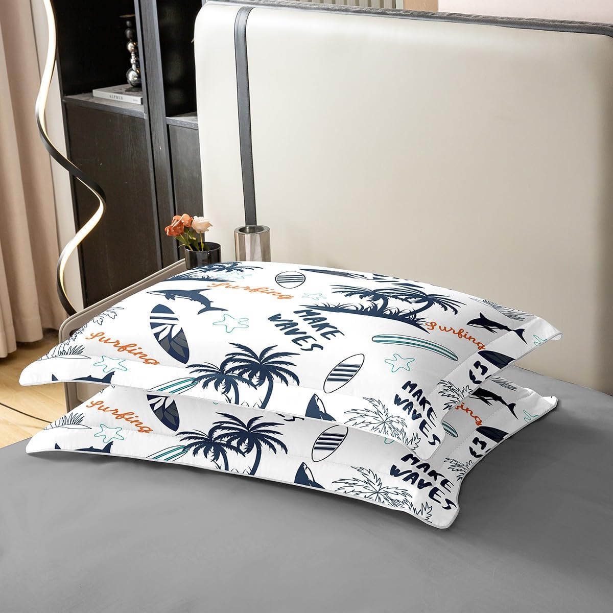 jejeloiu Palm Tree Bedding Set Surfboard Cotton Duvet Cover Set Queen Size Surfing Sports Comforter Cover Set for Kids Boys Soft Cotton Hawaiian Tropical Bedspread Cover Shark Starfish Decor Bedcothes
