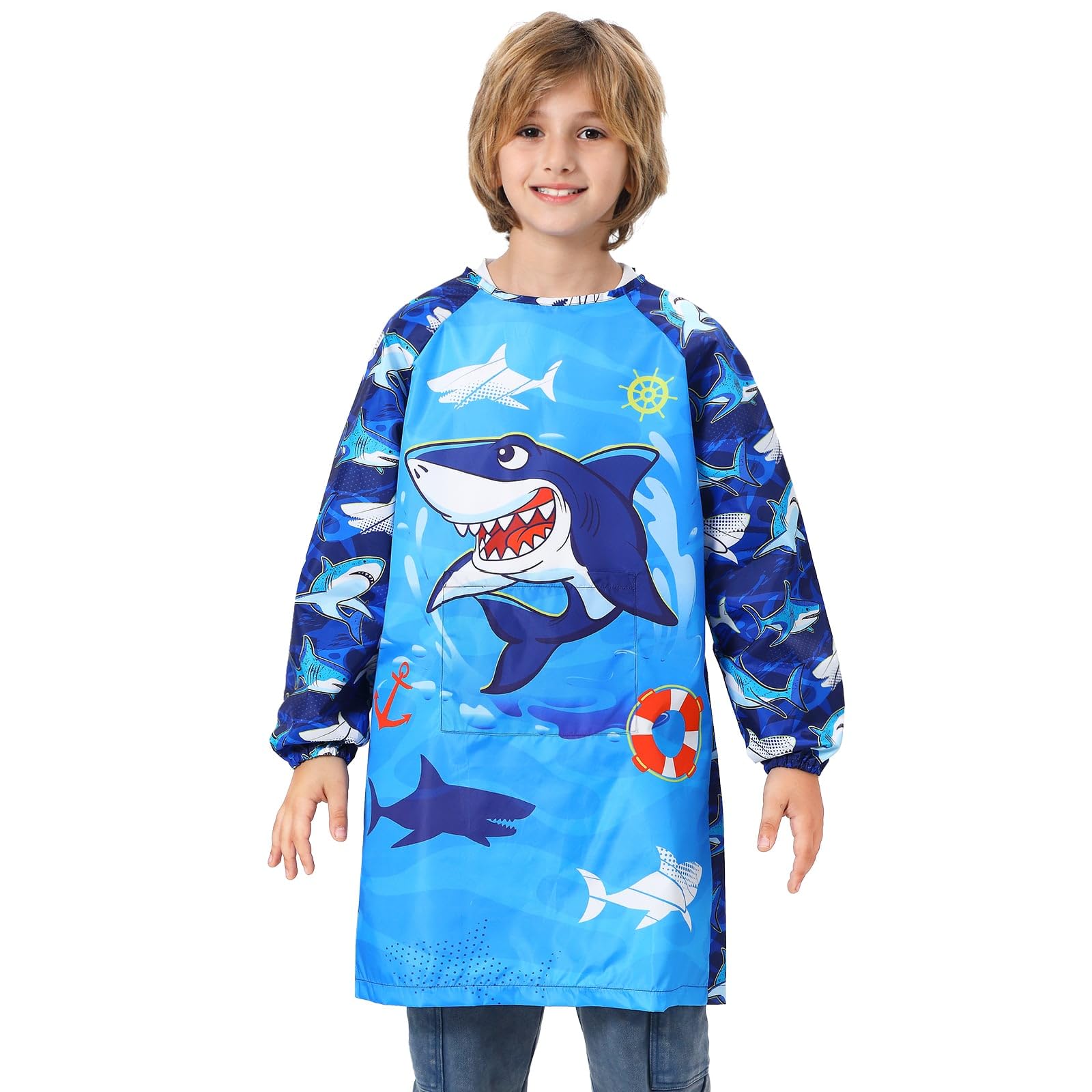 WERNNSAI Kids Art Smock - Shark Toddler Artist Painting Apron Waterproof With Long Sleeve and Pocket for Ages 4-7 8-12 Years Girls Boys