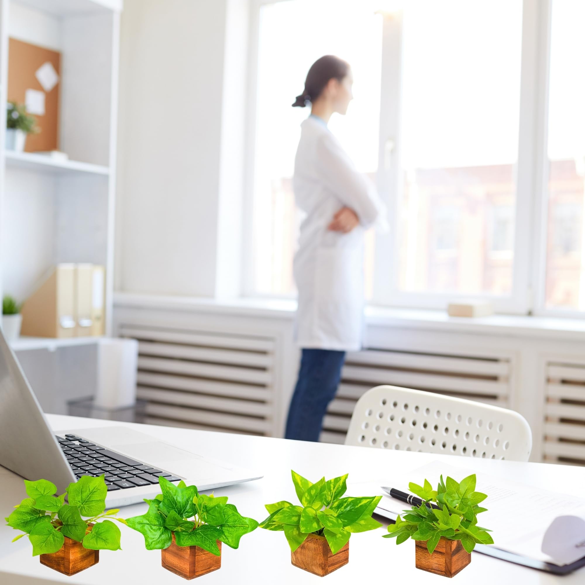 fancymart Artificial Leaves Plant in Small Wood Pot - 12cm Height - Pack of 4 - Home & Office Decor Elegant Potted Plant for Tabletop/Shelves Enhancement 3