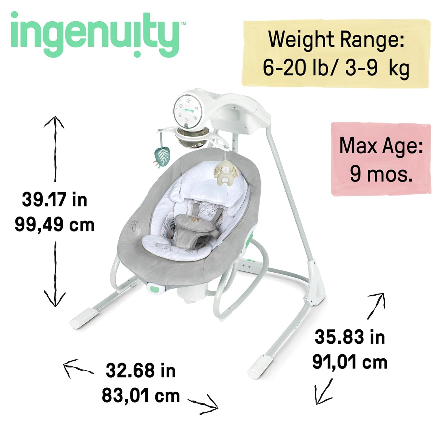 Diagram showing product dimensions: 39.17 inches height, 32.68 inches width, 35.83 inches depth. Weight range 6-20 lbs, Max age 9 mos.