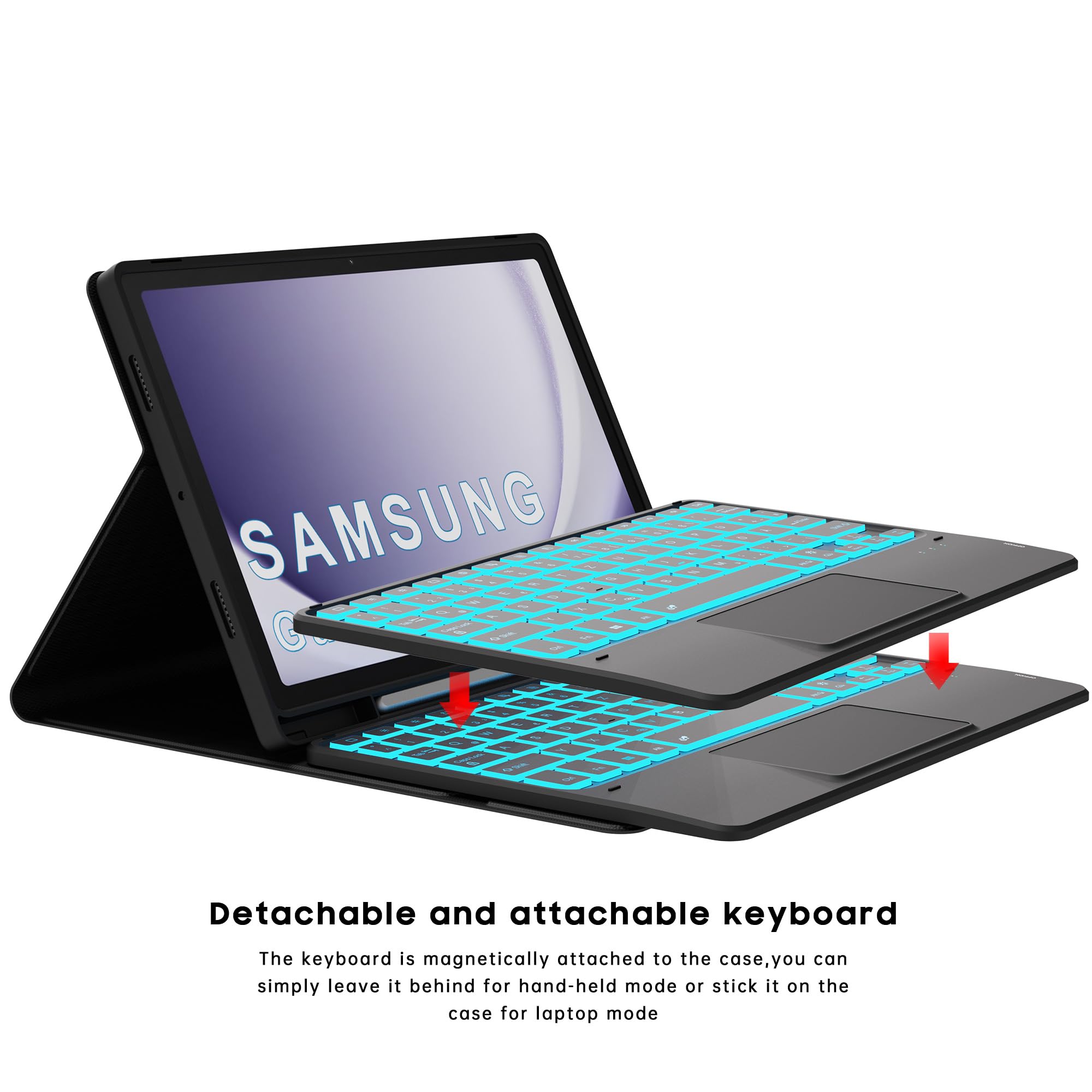 Für Galaxy Tab A9+/A11+ Hülle mit Tastatur - 7 Farben Beleuchtung Abnehmbare Trackpad Tablet Cover - Beleuchtete Deutsches QWERTZ Layout Tastatur mit Stifthalter für Samsung Tab A9 Plus/A11 Plus 11"