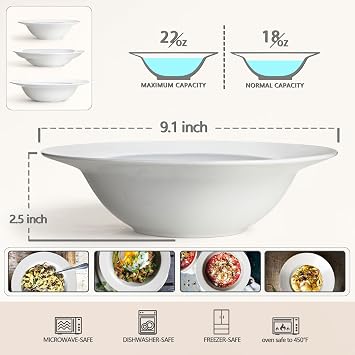 Pasta Bowls Set of 4, 22 oz Ceramic Soup, Cereal, Pasta and Salad Bowls, Rimmed Deep Plates, Microwave, Dishwasher, Oven Safe