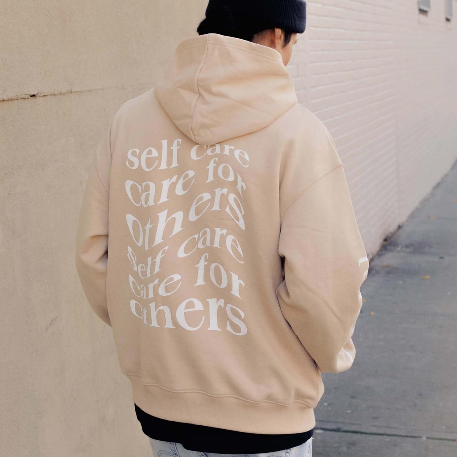 Careeon En Route Hoodie, Self Care Care for Others tan beige nude Sweatshirt in 100% recycled cotton