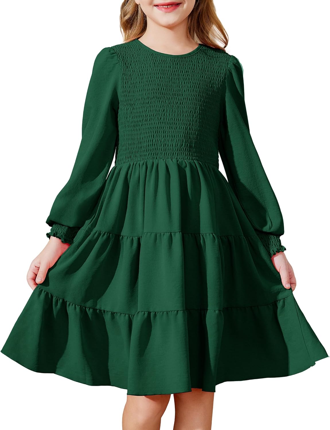Arshiner Girls Dress Fall Boho Long Sleeve Shirred Smocked Tiered Party Dresses with Pockets