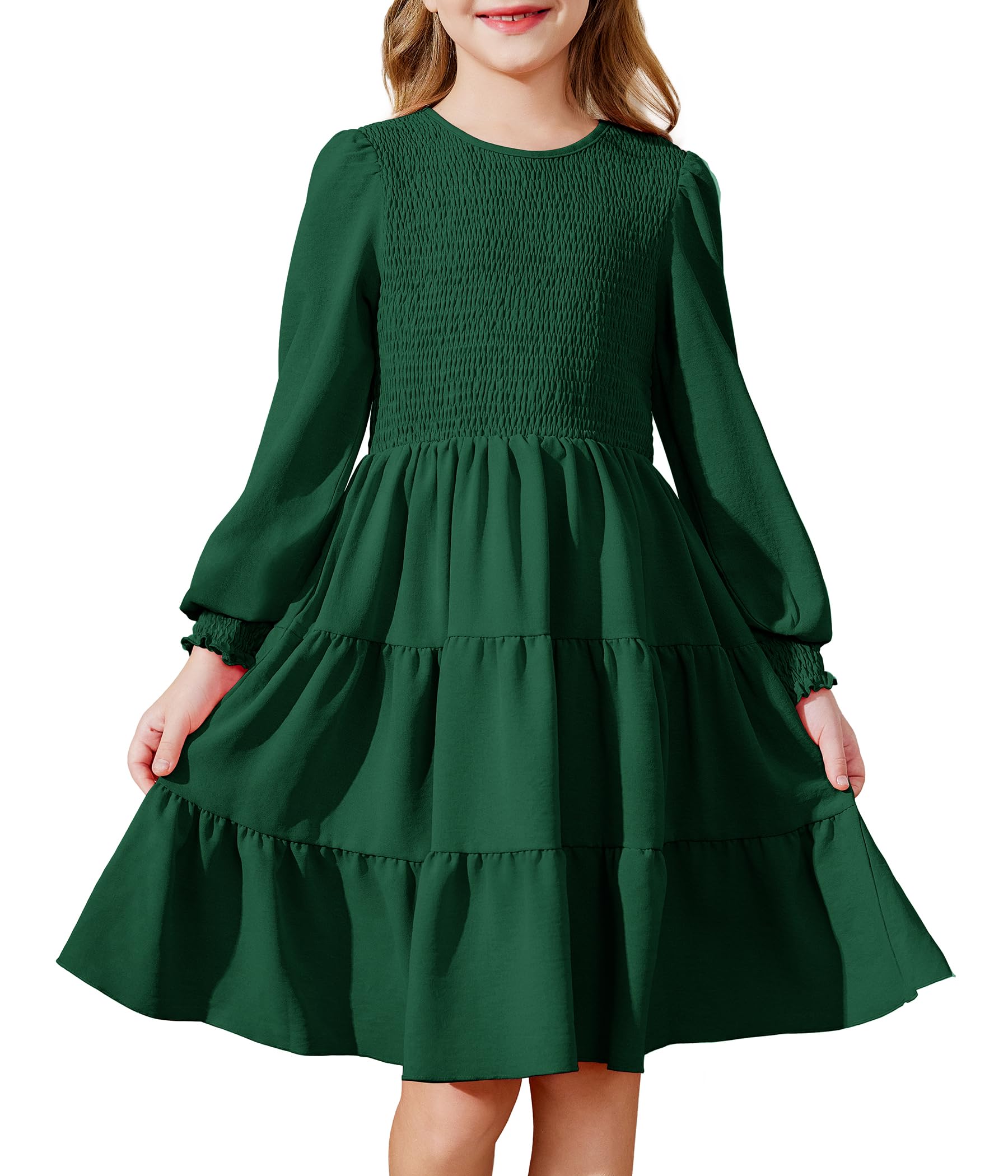 Arshiner Girls Dress Fall Boho Long Sleeve Shirred Smocked Tiered Party Dresses with Pockets