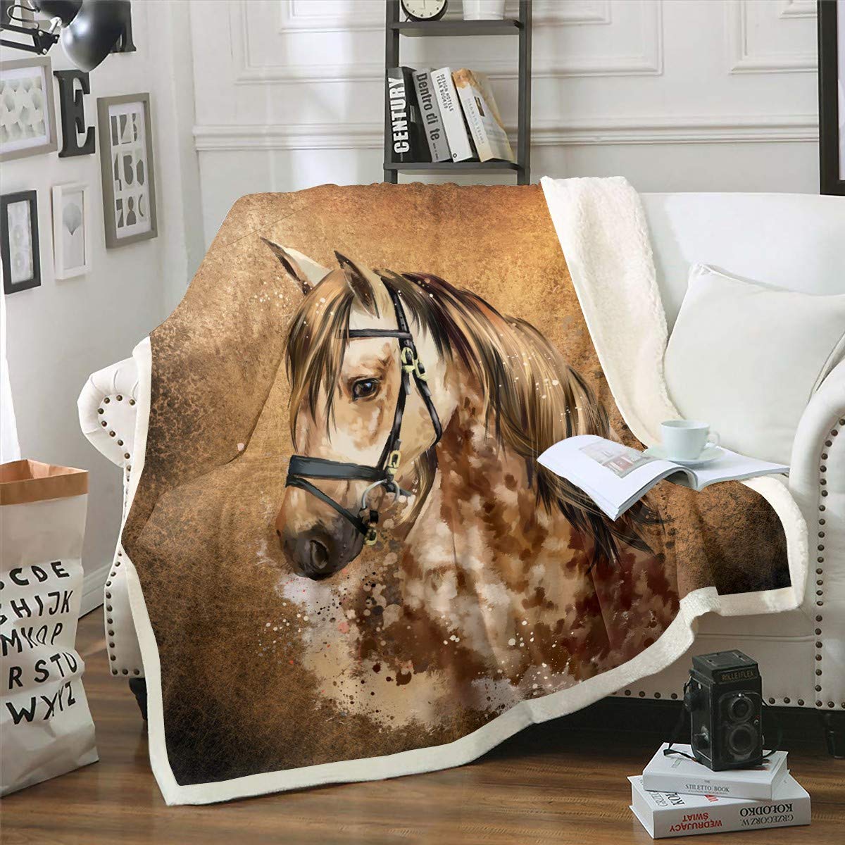 Loussiesd Coperta in pile per cavallo Sherpa al galoppo con cavallo e cavallo coperta in peluche 3D per letto, divano, stile fauna selvatica, calda coperta sfocata, singola 122 x 150 cm