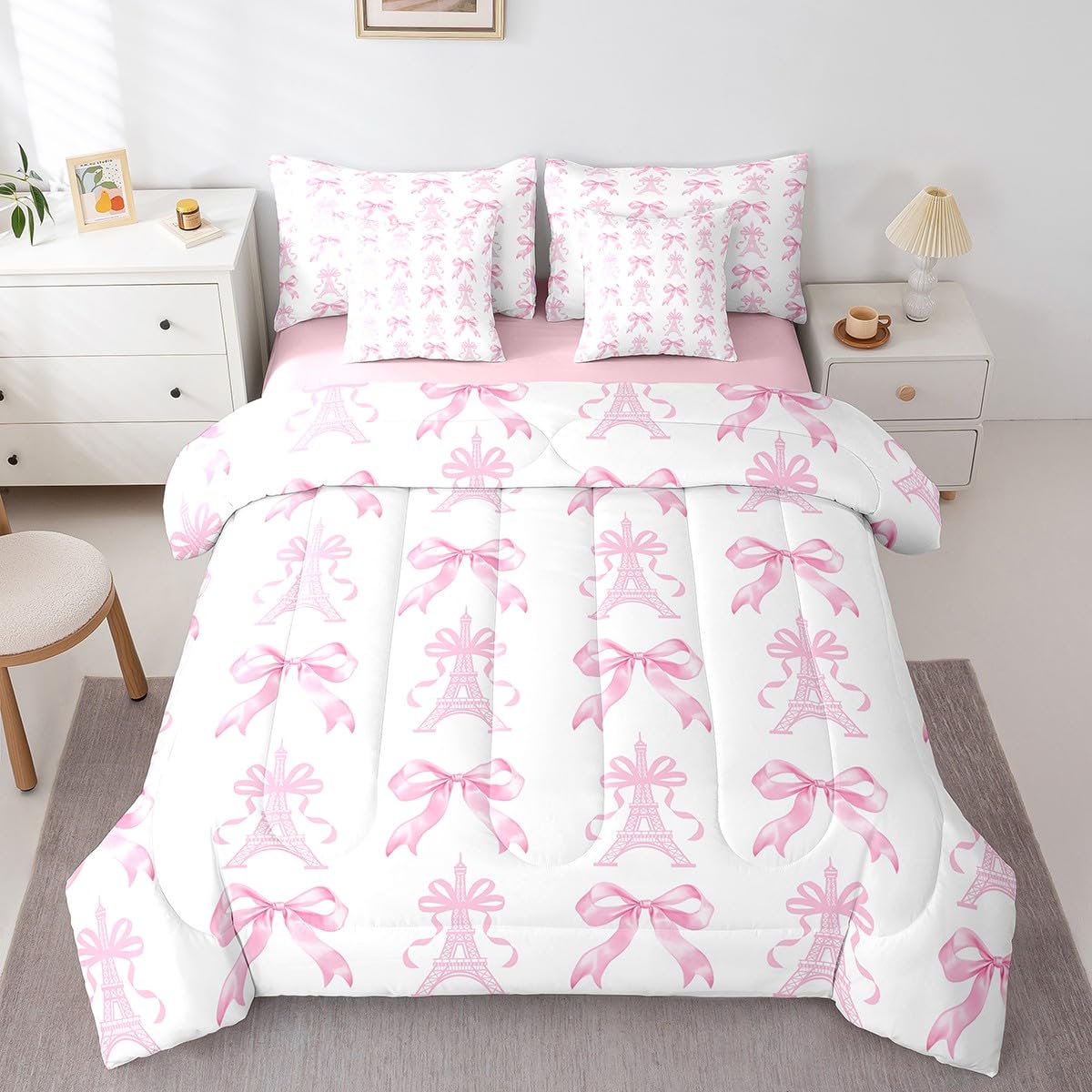 Parure de lit 7 pièces rose avec housse de couette double et draps