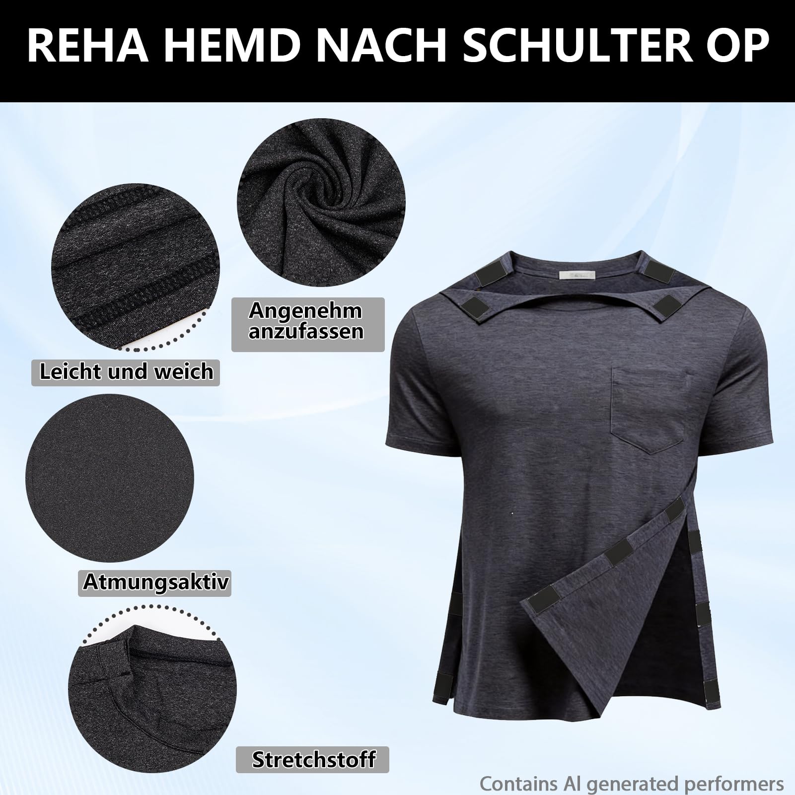 Herren Und Damen Activewear-T-Shirts Mit Knopfleiste –Spezielle Reha Kleidung Nach Schulter Op Und Kleidung Nach Schulter Op–Weites Armloch Design für Chemo, Operationen Reha, Gipsarm Kleidung