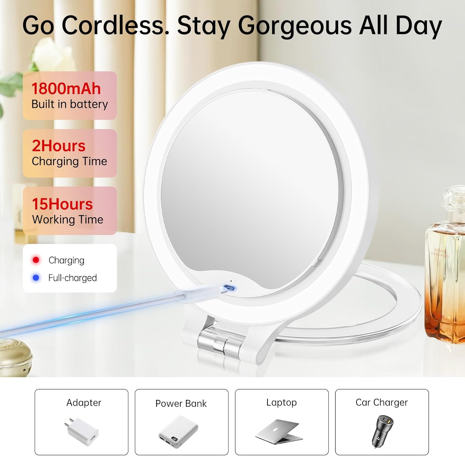 FASCINATE Magnifying Mirror 20X 1X Double Sided Magnification Makeup Vanity Mirror Rechargeable Lighted Mirror with 3 Color Setting Adjustable Rotation LED Vanity Desk Mirror
