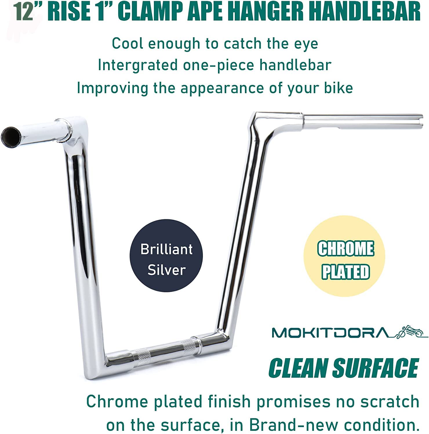 MoKitDora Softail Dyna Sportster 12?Ç¥ Rise Ape Hangers 1-1/4?Ç¥ Fat 1" Clamp Handlebar Fused Bars for Harley XL883 1200, 1996-2013 Road Glide and 1994-up Road King, Chrome