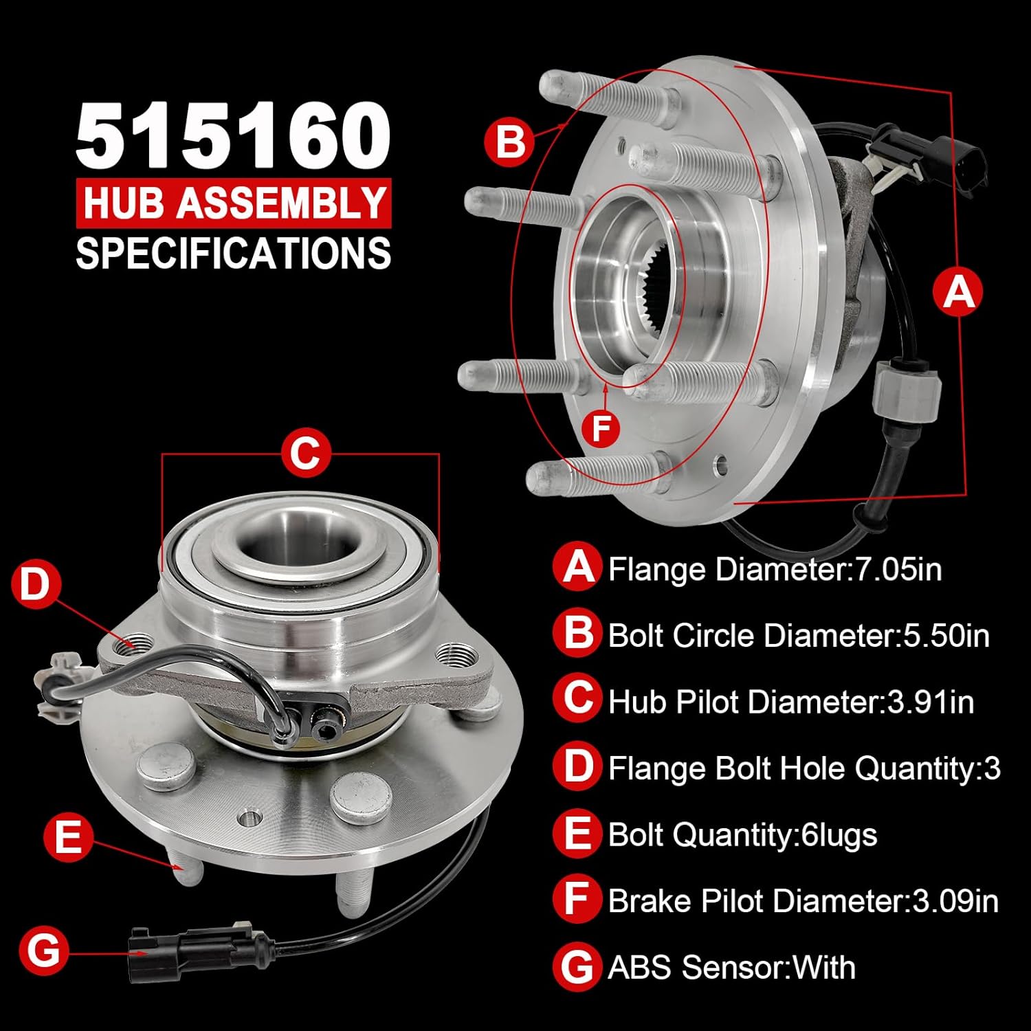 Pair 515160 4WD Front Wheel Bearing Hub Assembly Compatible with Cadillac Escalade ESV XTS, for Chevy Silverado 1500 Suburban Tahoe 2015-2020, for GMC Sierra 1500 14-18 Yukon/Yukon XL, 6 Lugs w/ABS - Image 4