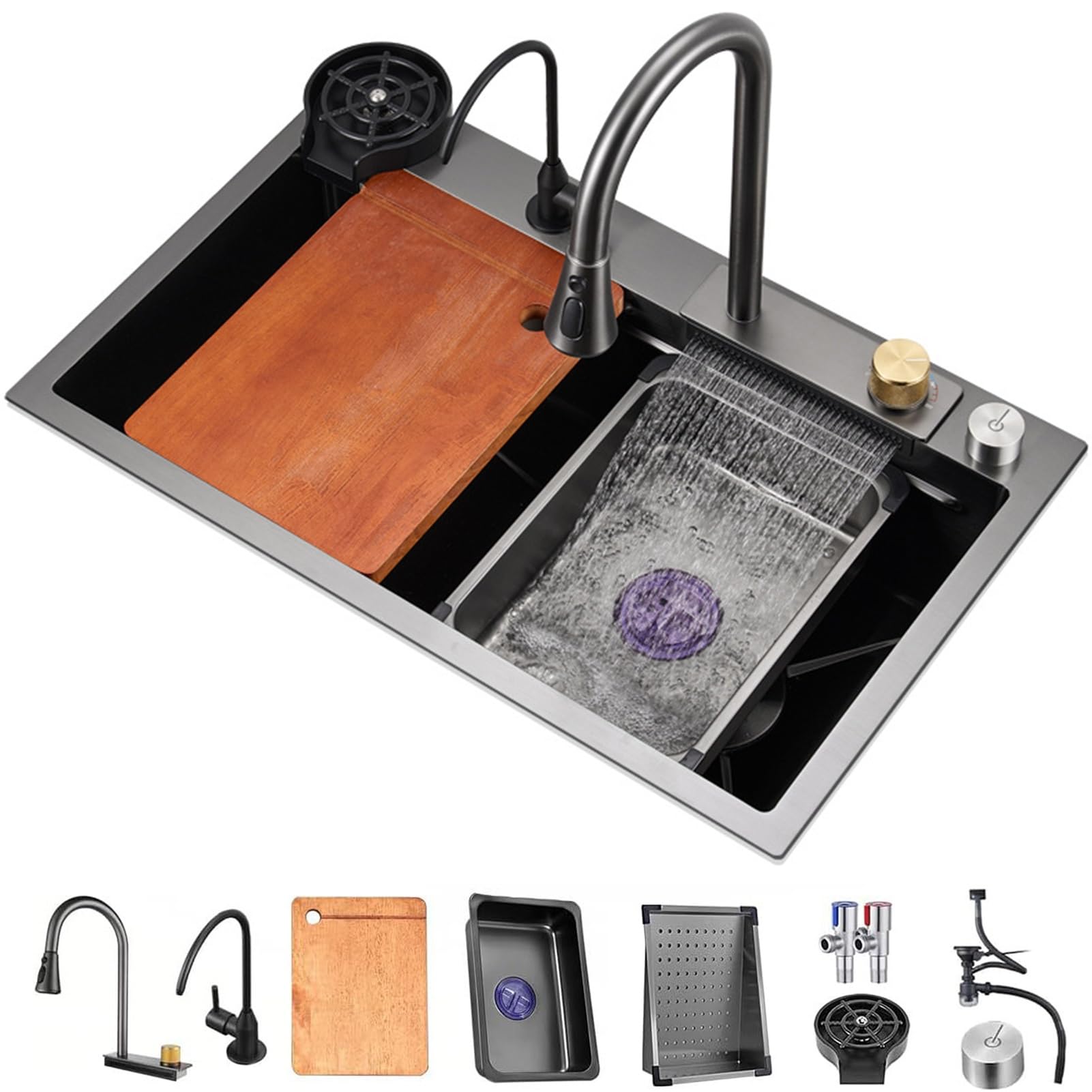 Évier de cuisine à cascade flying rain noir avec robinet extractible