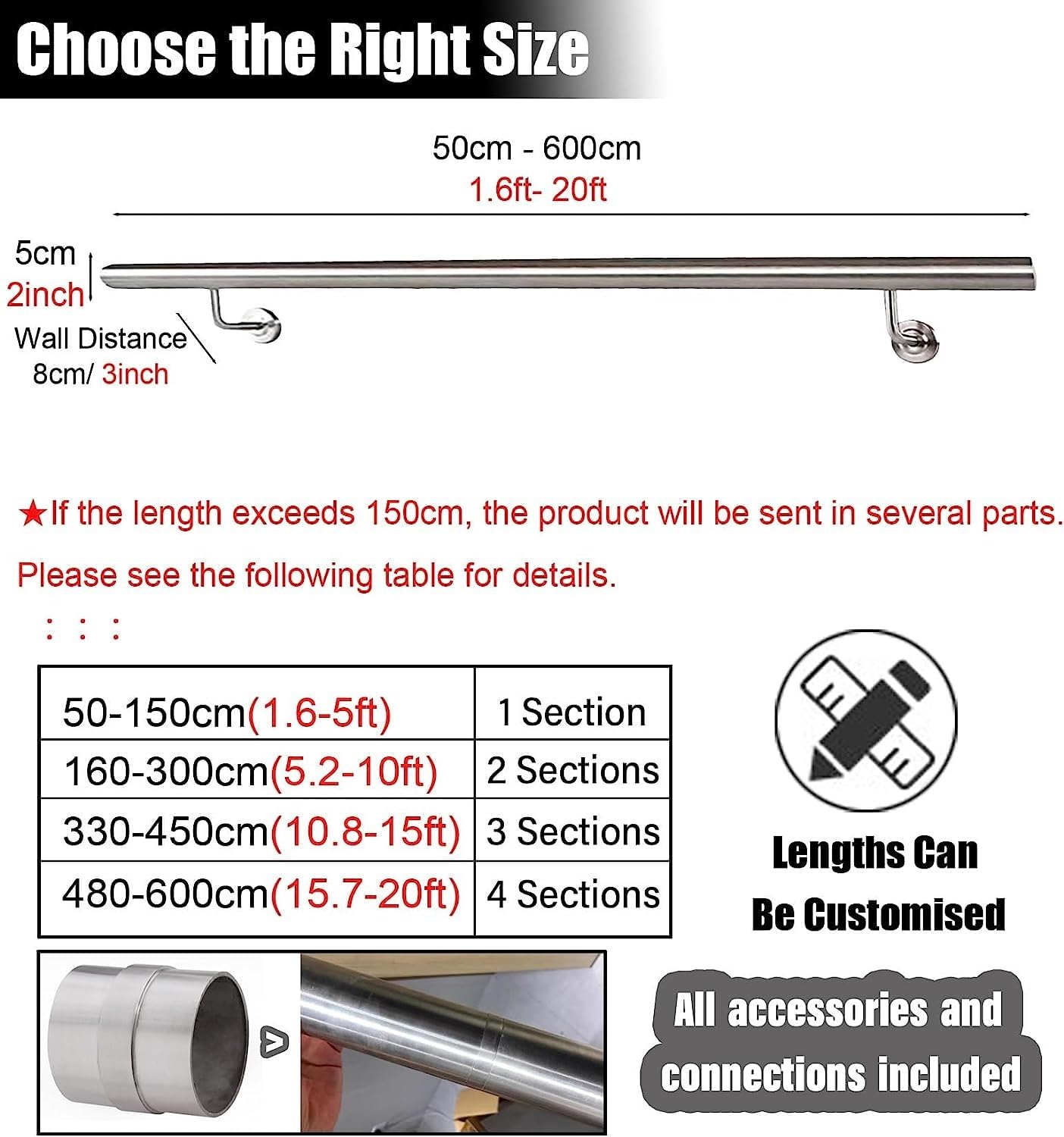 inless Steel il Kit – antypoślizgowa okrągła balustrada podstawy dla bezpieczeństwa – szyna nośna 420 cm / 13.8ft dla starszych dzieci i osób starszych – łatwa instalacja