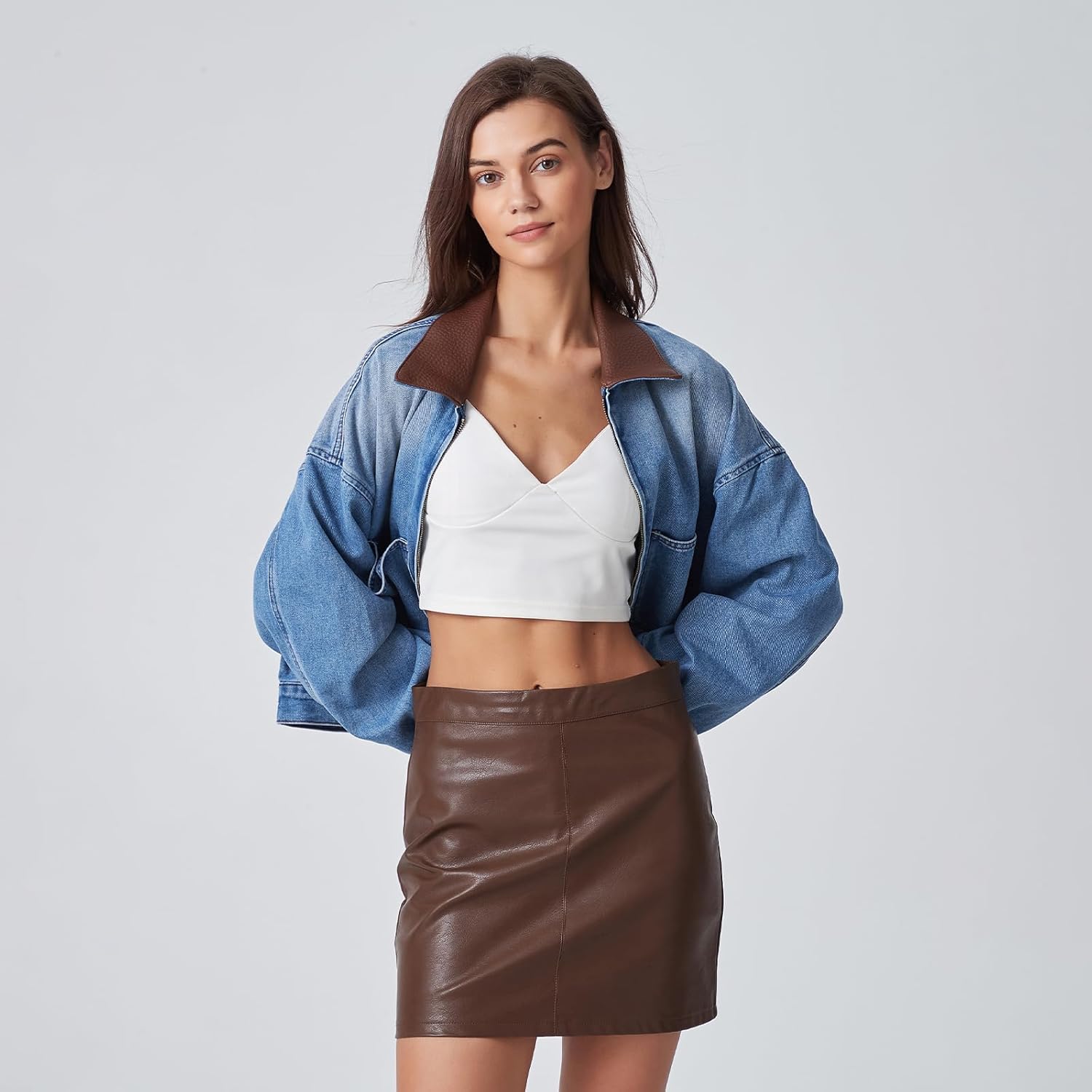 D-Sun Women's Denim Jackets Leather Collar Long Sleeve Zipper Cropped Jean Jacket Denim Coat With Pockets - Image 6