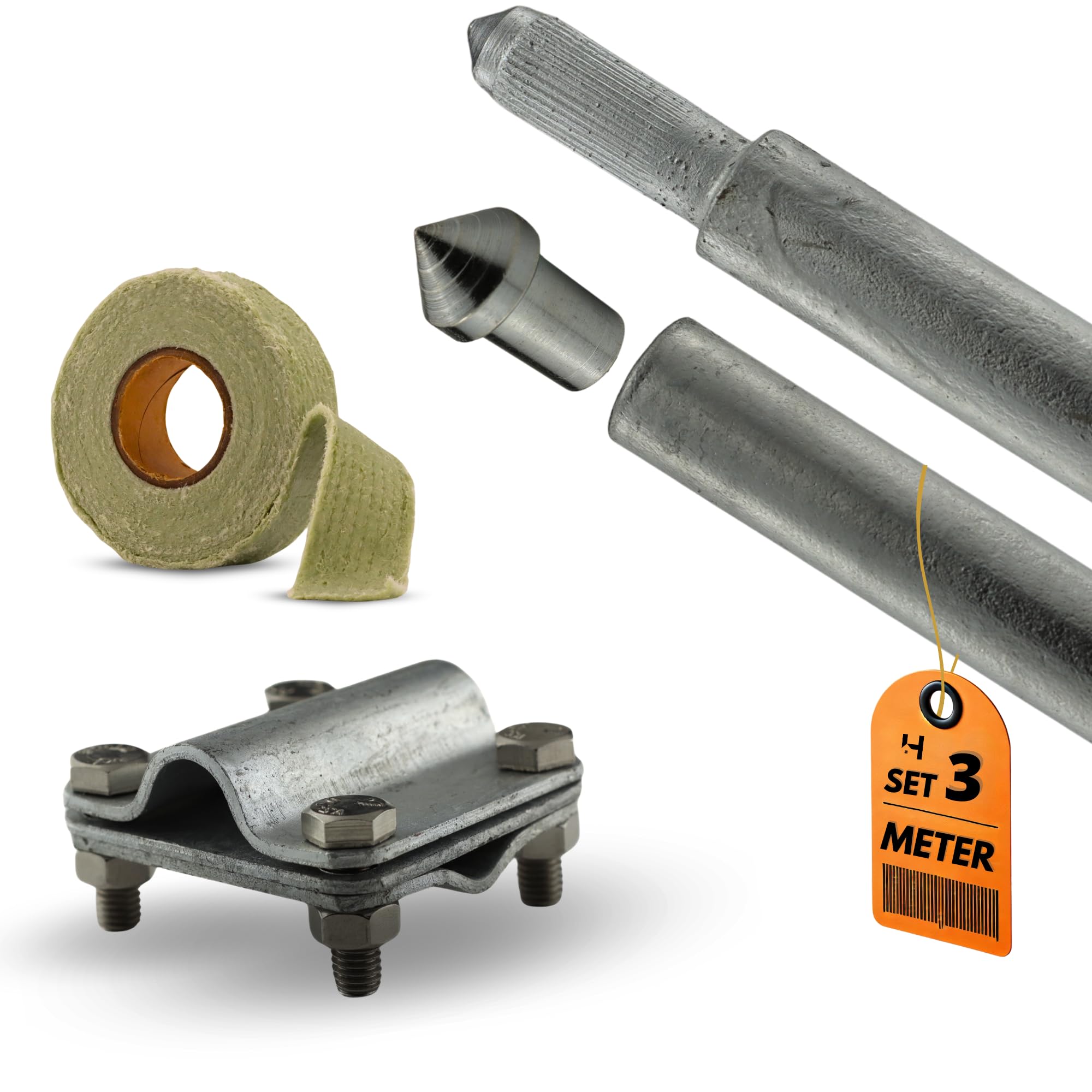 HausHeld® Erdungsspieß Set verzinkt 3m Ø16mm – Tiefenerder inkl. Einschlagspitze, Kreuzverbinder & Korrosionsschutzband | Für PV-Anlage, Blitzschutz & Elektroinstallation
