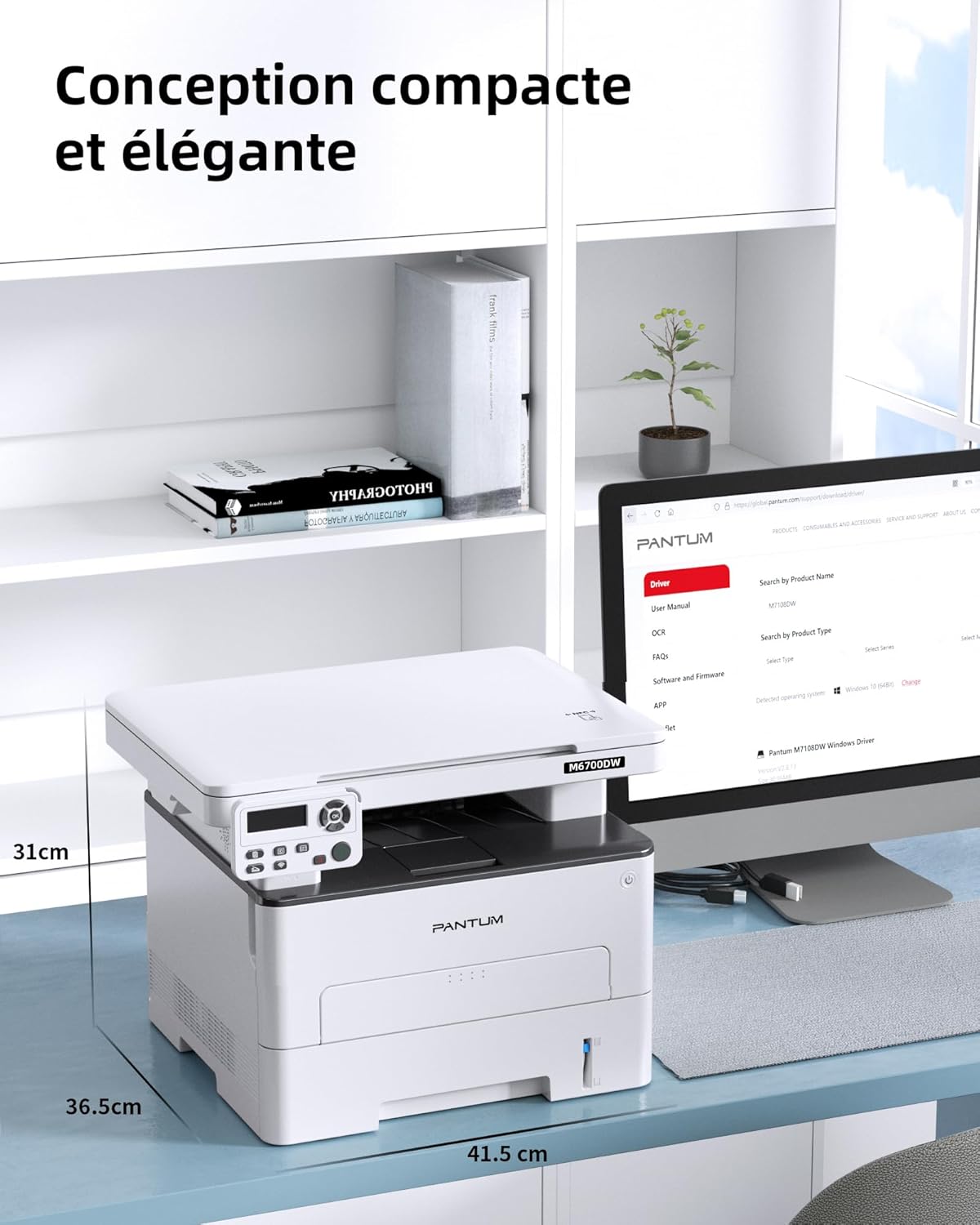 PANTUM M6700DW printer on a desk, showing its compact dimensions of 36.5cm depth, 41.5cm width, and 31cm height.