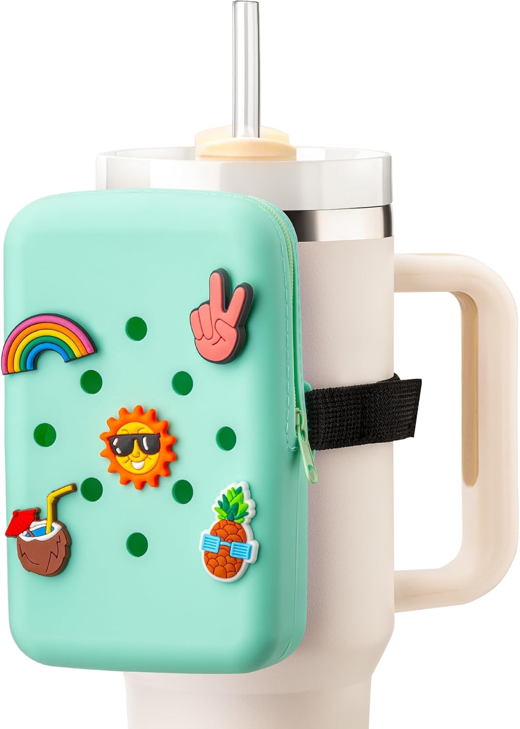 Snowfall Silicone Water Bottle Pouch for Stanley Cup 20/30/40 OZ, Anti-Slip Water Bottle Bag with Elastic Strap for Gym, Hiking and Running, 20-40 OZ Bottle Pocket for Cards, Keys, Phones (Green)