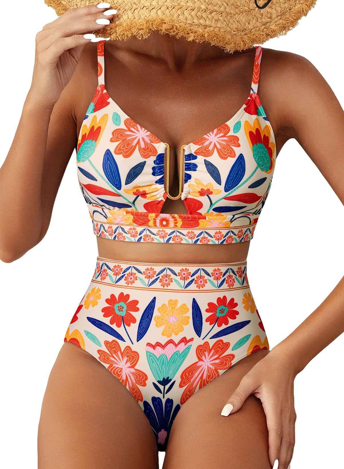 Photo 1 of Herseas Women's Bikini Sets U Wire Floral Print High Waisted Tummy Control 2026 Summer Swim Suit Wire Free Crisscross Back 2 Piece Bathing Suits Cute Swimwear for Teens Orange Floral X-Large