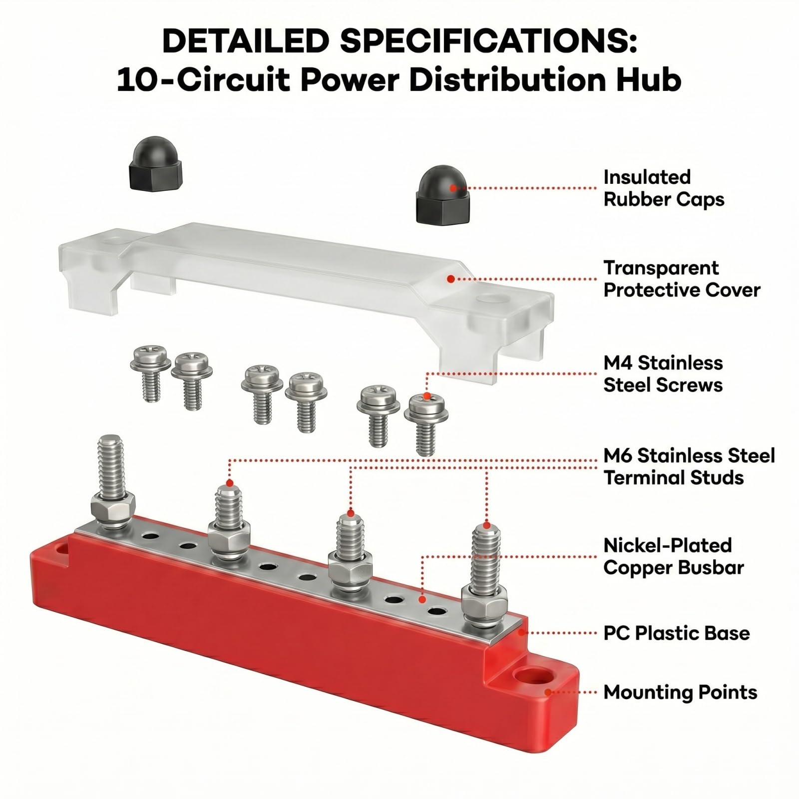 Busbar 12V-48V 150A Bloque de Distribución de Alta Corriente para Coche Barco Caravana