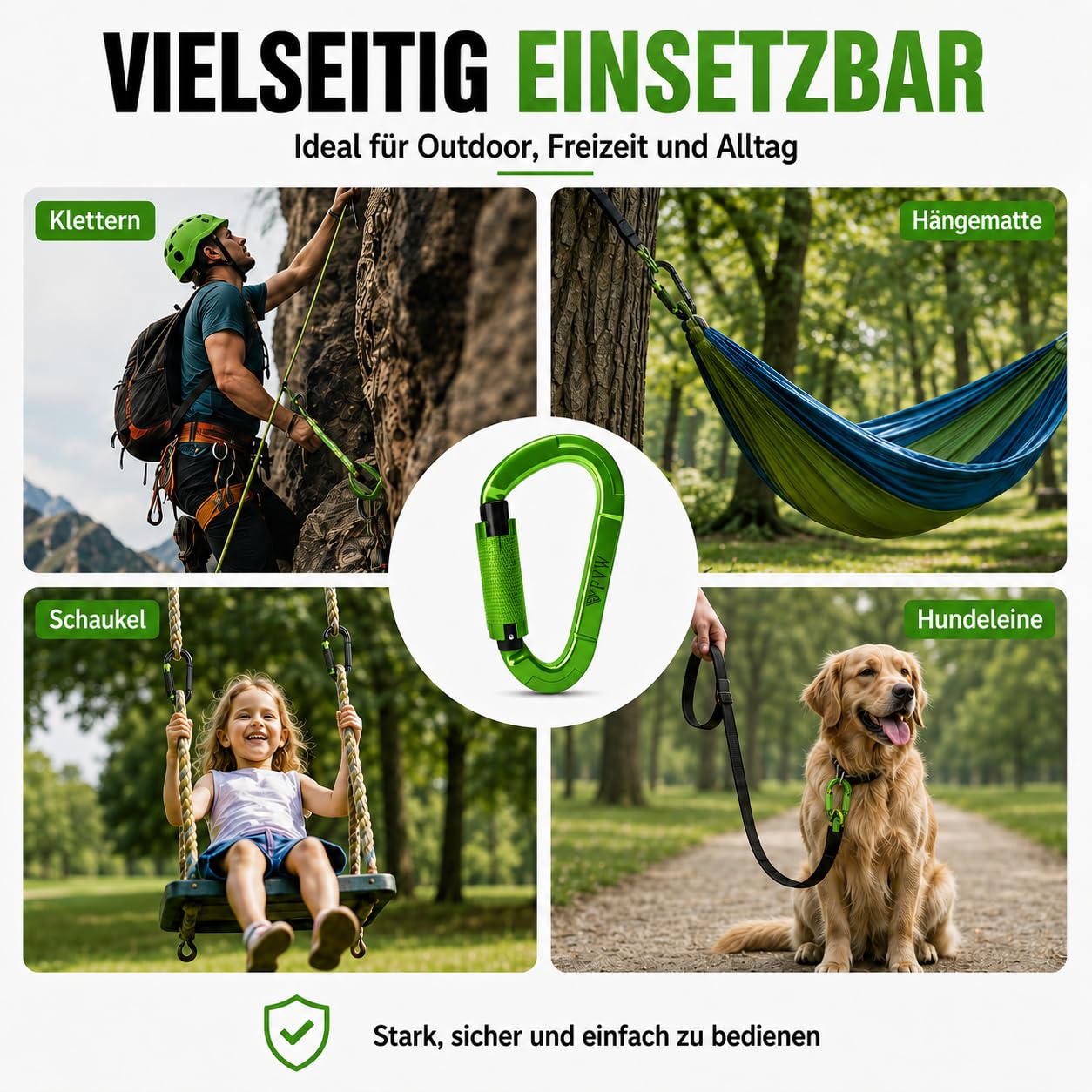 Lot de 5 mousquetons d'escalade, certifiés UIAA 25 KN, verrouillage automatique, pour hamac, balançoire, laisse et harnais, camping, randonnée et utilité (vert)
