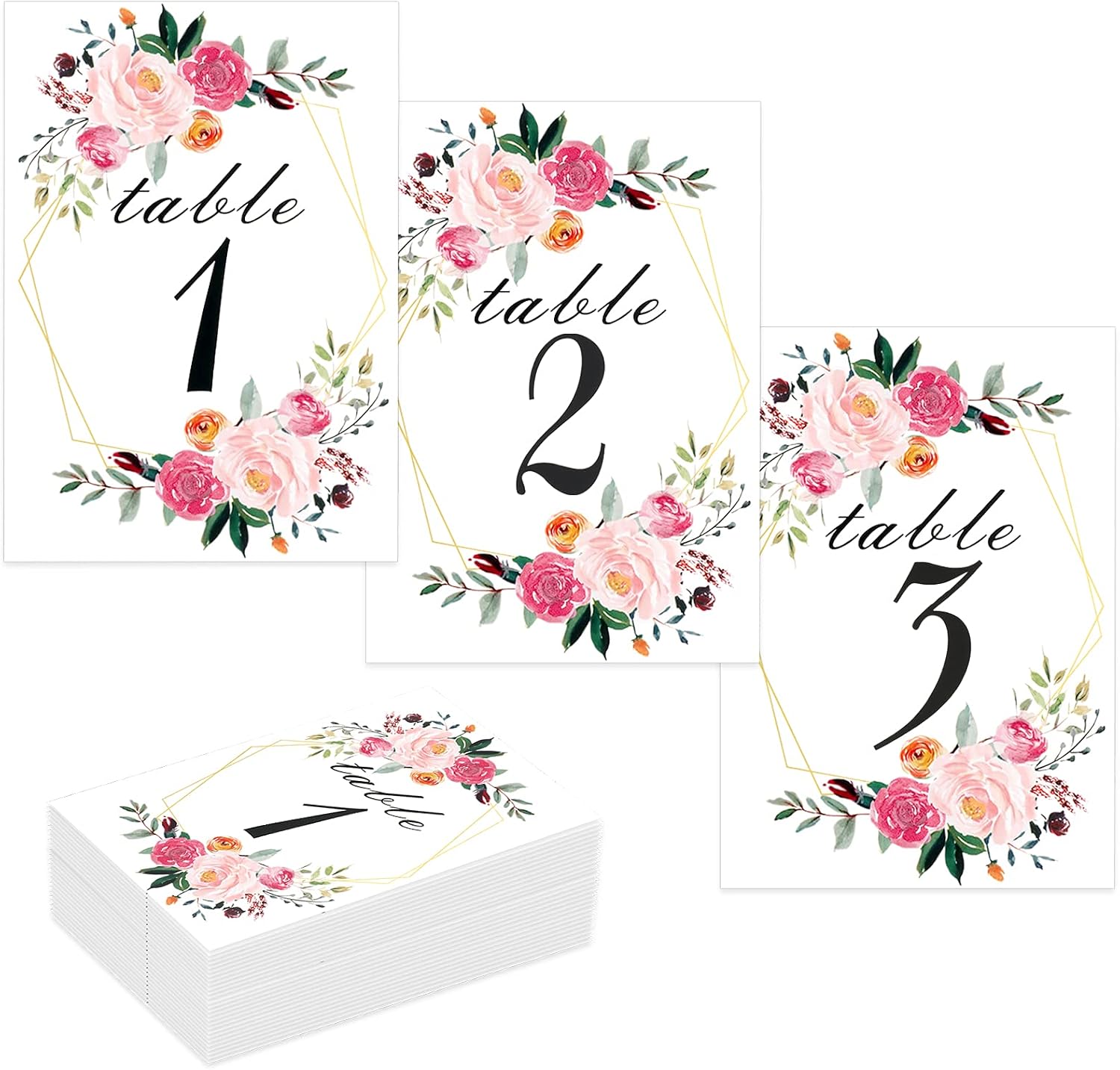 Floral Table Number Cards 1-26, Geometric Double Sided 4 x 6 Card Stock for Wedding Decorations, Receptions, Party, Baby Showers, Special Events