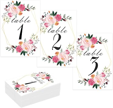 Floral Table Number Cards 1-26, Geometric Double Sided 4 x 6 Card Stock for Wedding Decorations, Receptions, Party, Baby Showers, Special Events