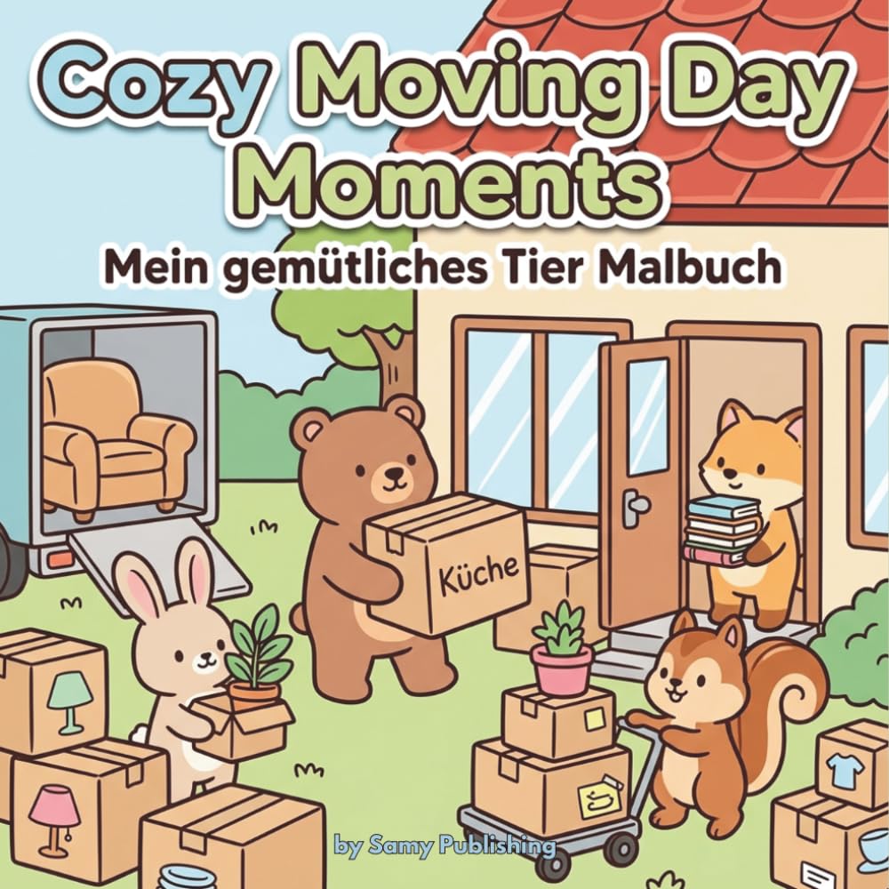 Cozy Moving Day Moments – Mein gemütliches Tier Malbuch: 40 detailreiche Ausmalbilder mit süßen Tieren beim Umzug, Packen und Einrichten ihres neuen ... zum Entspannen für Jugendliche und Erwachsene