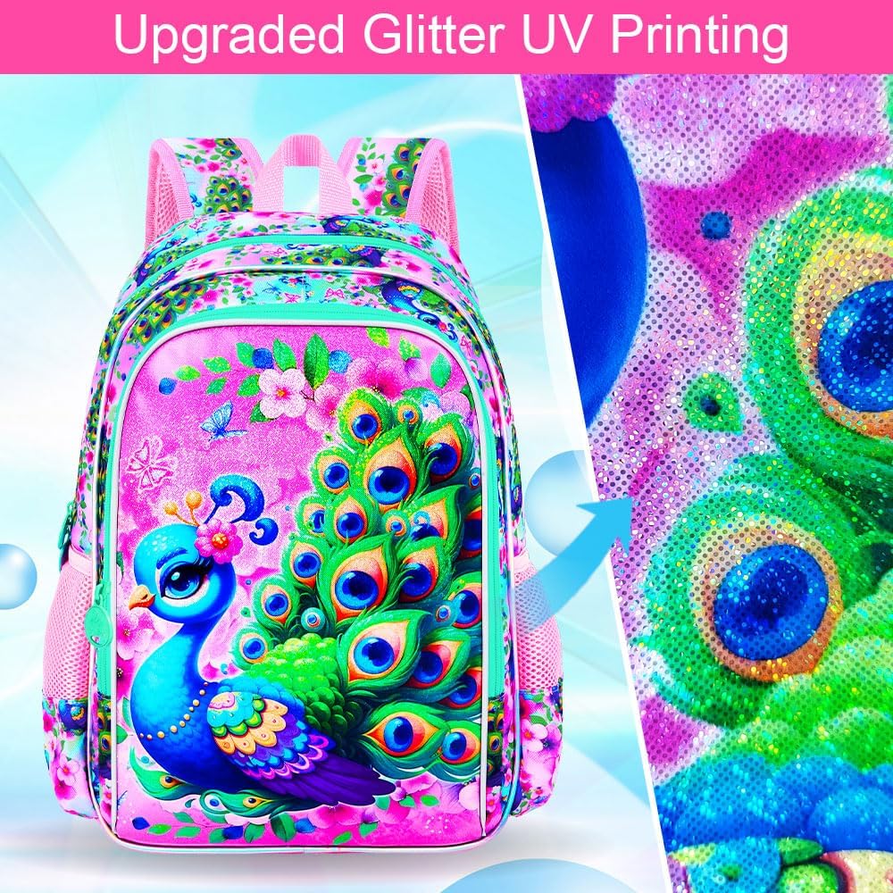 KLFVB 3PCS Peacock Bookbag for Girls, Water Resistant Kids Bookbag with Lunch Box, 16" Preschool Backpacks for Elementary - Peacock Green - Image 3