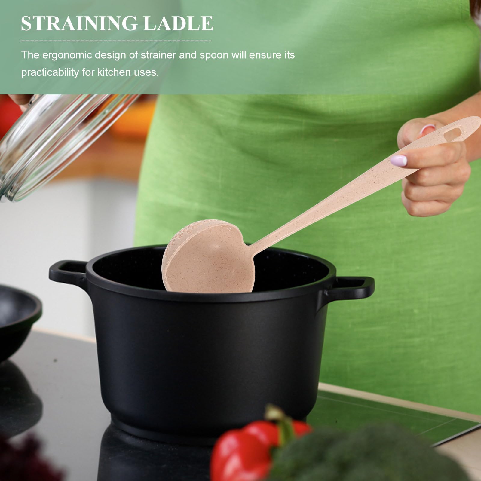HANABASS 2-in-1 Silicone Soup Ladle with Strainer - Heat-Resistant Cooking Spoon for Separating Liquids/Solids, Beige Kitchenware (Plastic Handle, Pan Filter Tool) - Image 3