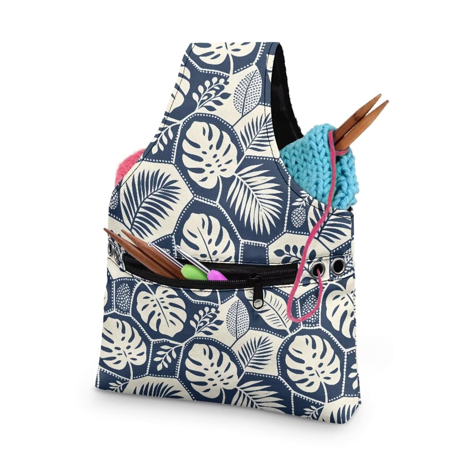 ZUXONGSY Monstera Leaf Yarn Bags for Knitting Tropical Leave Yarn Tote Bag for Women Floral Portable Knitting Project HanbBag for Crochet Hooks