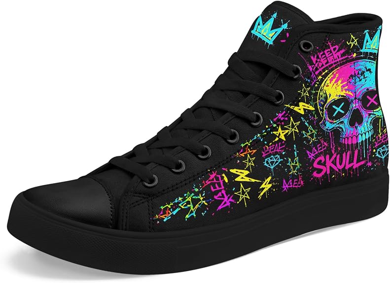 Neon Skull High Top Sneakers for Men Women, Gothic Cyberpunk Canvas Shoes Lace Up Punk Streetwear Casual Shoes
