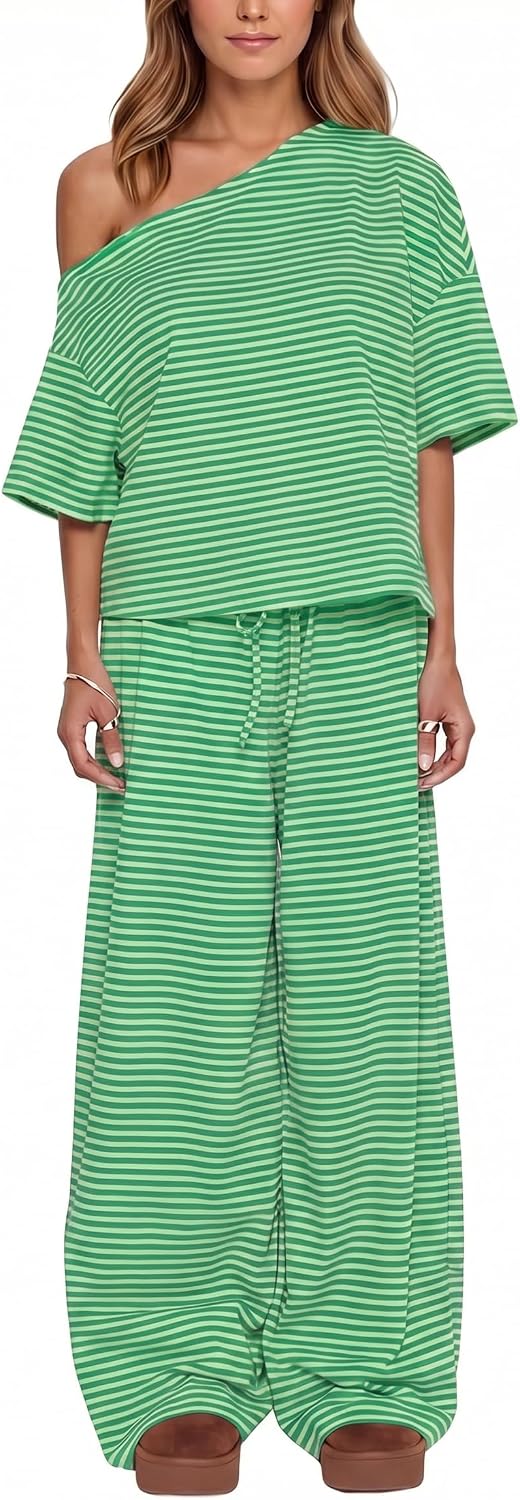 Ythomm Striped Pajama Sets Womens Two Piece Lounge Outfits Short Sleeve Off Shoulder Shirts Drawstring Pants Matching Pj Sets
