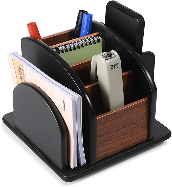 Flexzion Revolving Desk Organizer TV Remote Control Caddy Wooden Desktop Office Supplies Storage Holder, Rotating Spinning Cherry Brown Wood Tabletop, 5 Compartment with Mail Letter Slot
