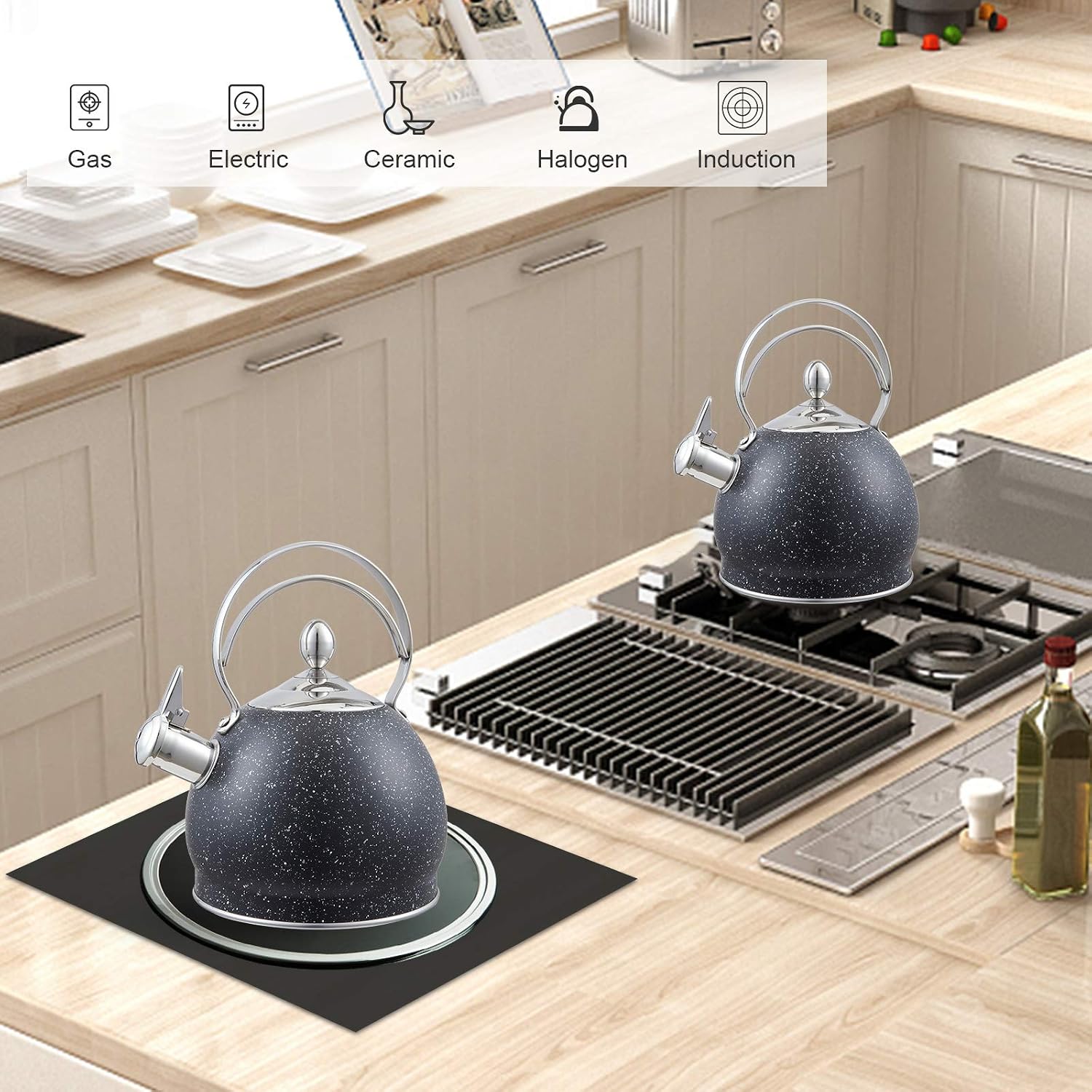Creative Home 2.5 Quart Stainless Steel Whistling Tea Kettle Teapot with Aluminum Capsulated Bottom for Fast Boiling Heat Water for Induction Stove Top, Opaque Black with Speckle